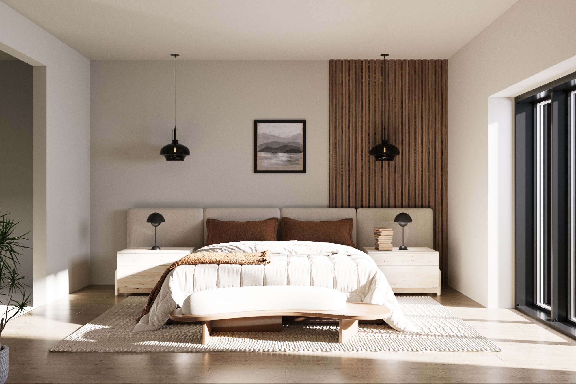 Jasna sypialnia z drewnianym panelem za łóżkiem, minimalistycznymi lampkami nocnymi i beżową pościelą, uzupełniona obrazem w czarnej ramie oraz rośliną doniczkową przy oknie.