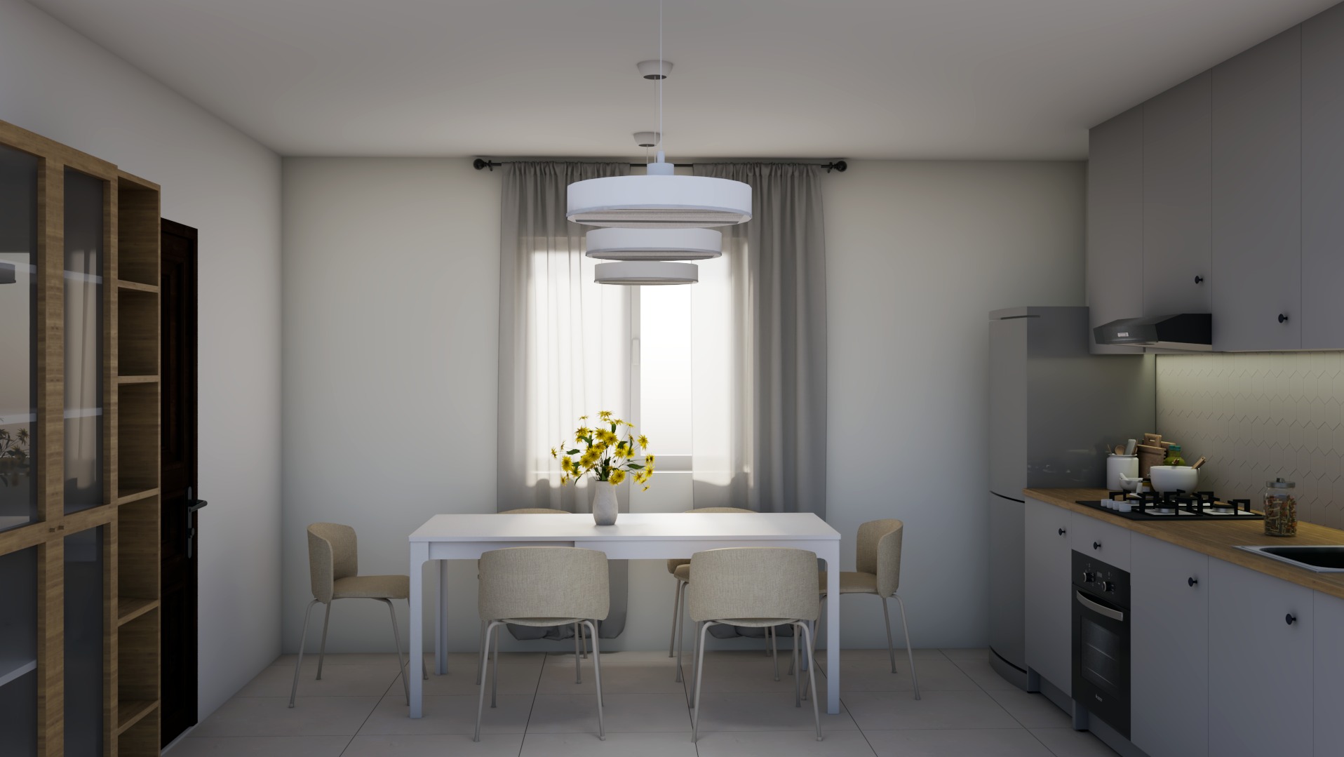 Wizualizacja jadalni z aneksem kuchennym w odcieniach szarości i bieli, z minimalistycznym stołem, krzesłami i wiszącą lampą z trzema kloszami.