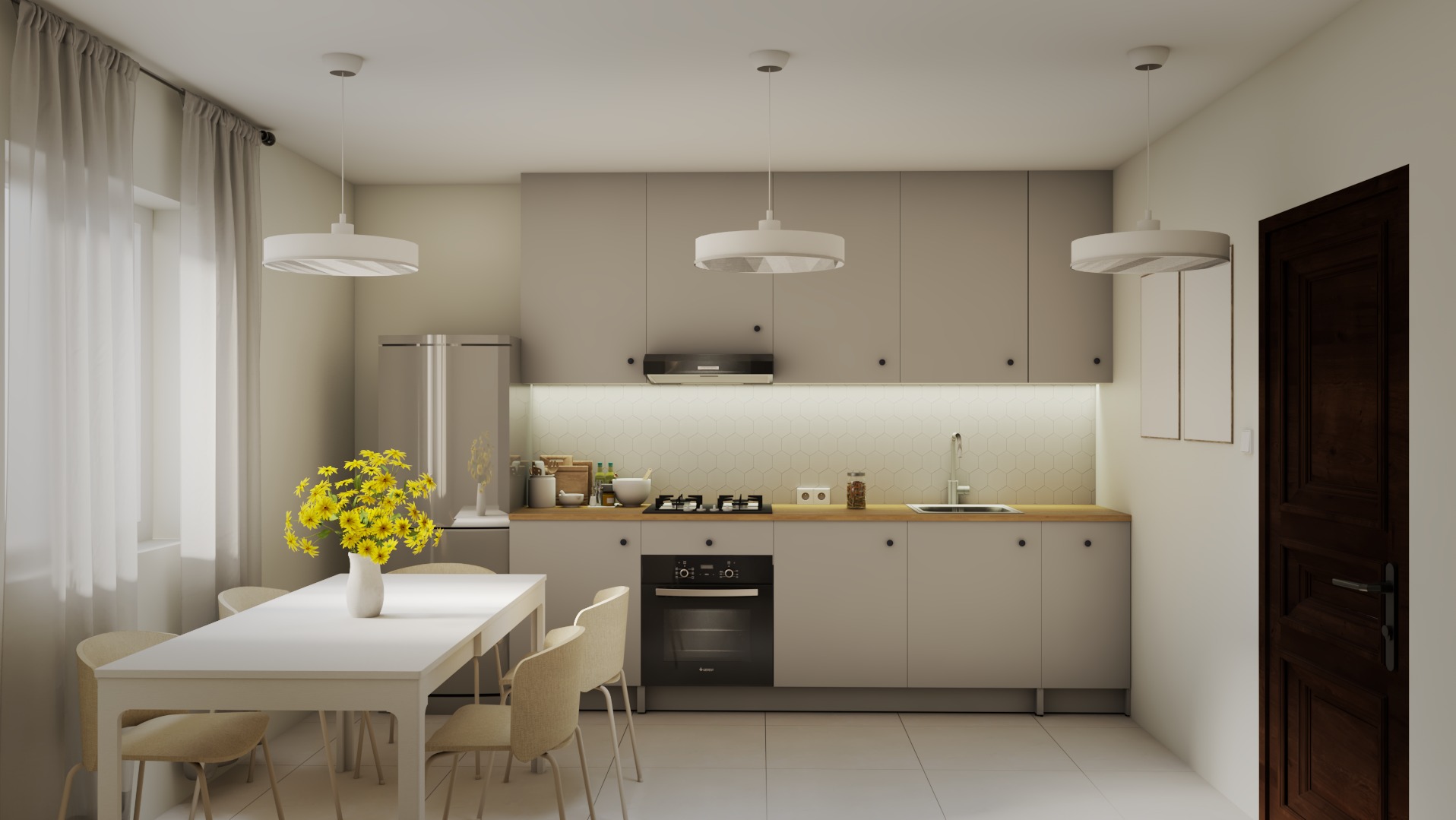 Jasna kuchnia z szarymi szafkami, drewnianym blatem, białymi heksagonalnymi płytkami na ścianie, stołem z żółtymi kwiatami i trzema okrągłymi lampami sufitowymi.