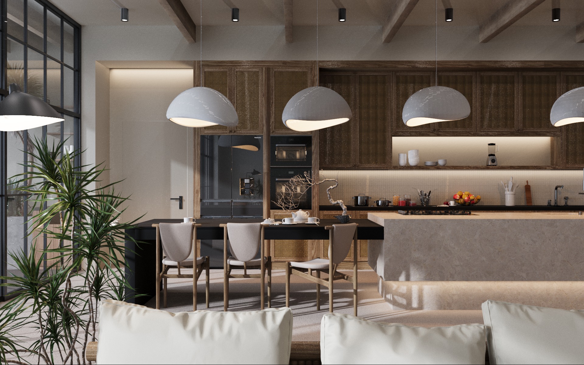 Nowoczesne wnętrze jadalni z wyspą kuchenną, drewnianymi szafkami i designerskimi lampami wiszącymi, widok z perspektywy salonu z roślinami doniczkowymi.