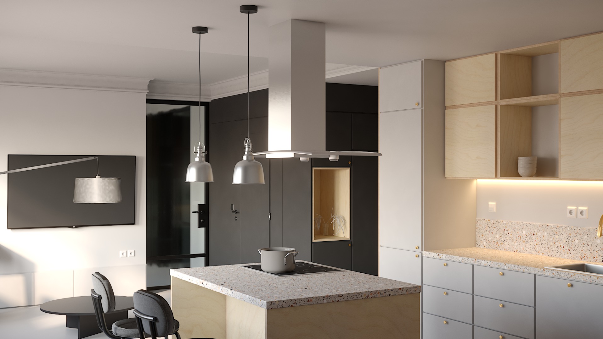 Nowoczesna kuchnia z wyspą z blatem lastryko, wiszącymi lampami w stylu industrialnym i zabudową kuchenną z jasnego drewna oraz szarymi szafkami. W tle salon z czarnym telewizorem i lampą podłogową.