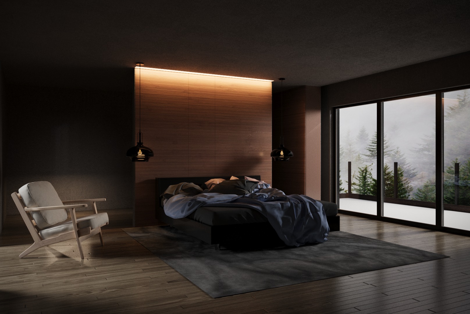 Nowoczesna sypialnia z drewnianą ścianą podświetloną ledami, czarnym łóżkiem z niebieską pościelą i widokiem na zalesione wzgórza za oknem, uzupełniona fotelem z jasną tapicerką i czarnymi lampami...