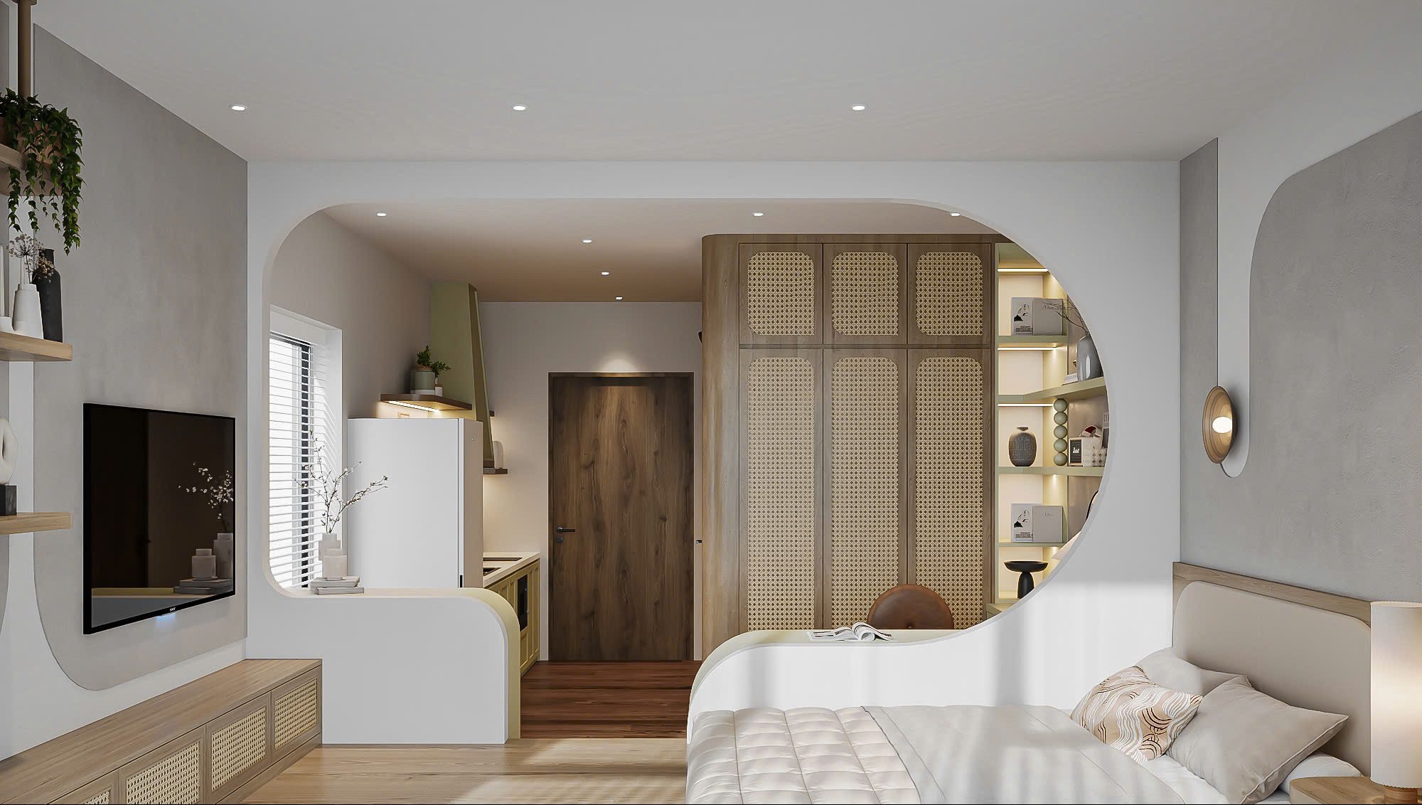 Nowoczesne studio z otwartą przestrzenią, łączące sypialnię, kuchnię i salon w minimalistycznym stylu, z wykorzystaniem naturalnych materiałów i łagodnej palety barw.