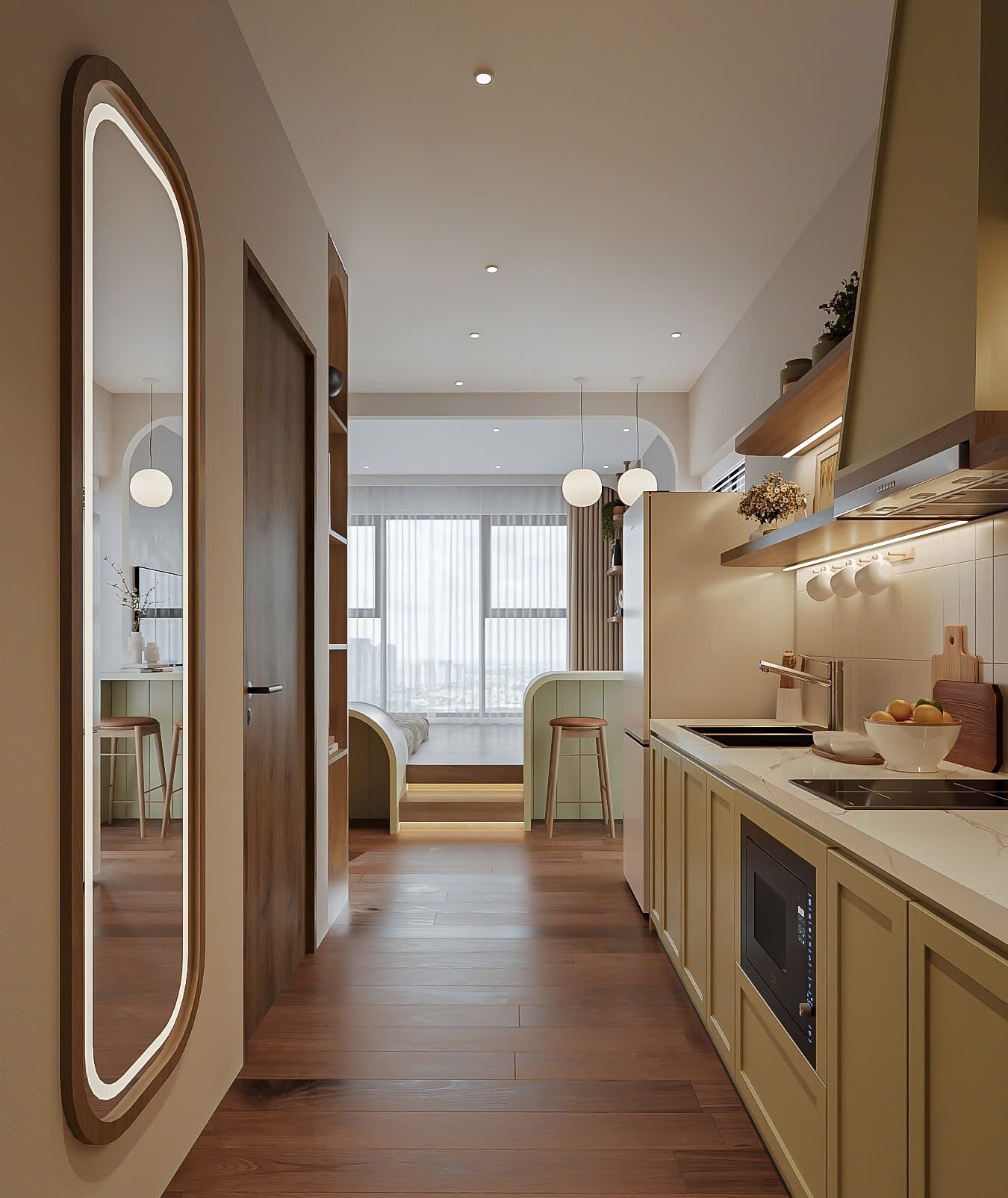 Wnętrze mieszkania w neutralnych barwach z widoczną kuchnią, stołkiem barowym i sypialnią w tle, całość oświetlona punktowymi lampami sufitowymi.