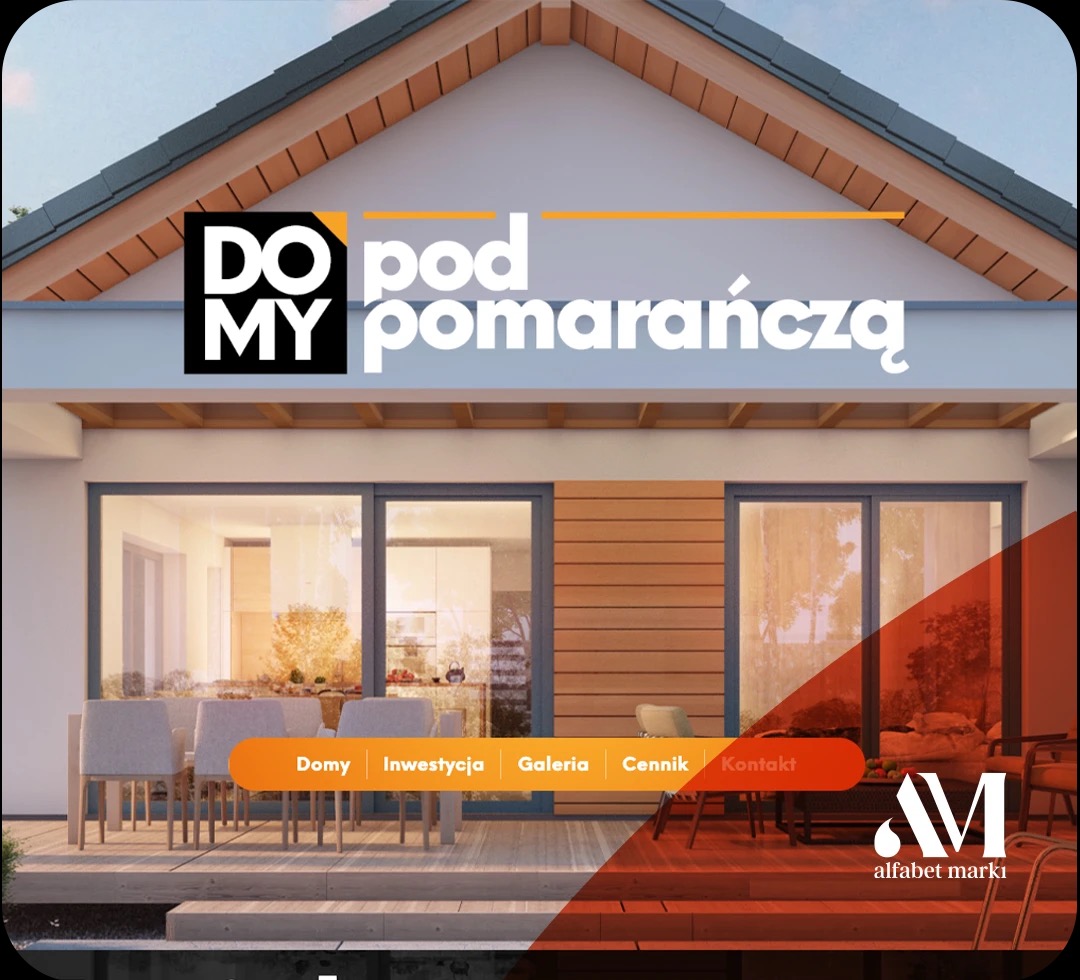 Wizualizacja domu jednorodzinnego z ogrodem, widok z zewnątrz, nowoczesna architektura, logo firmy w górnej części zdjęcia.