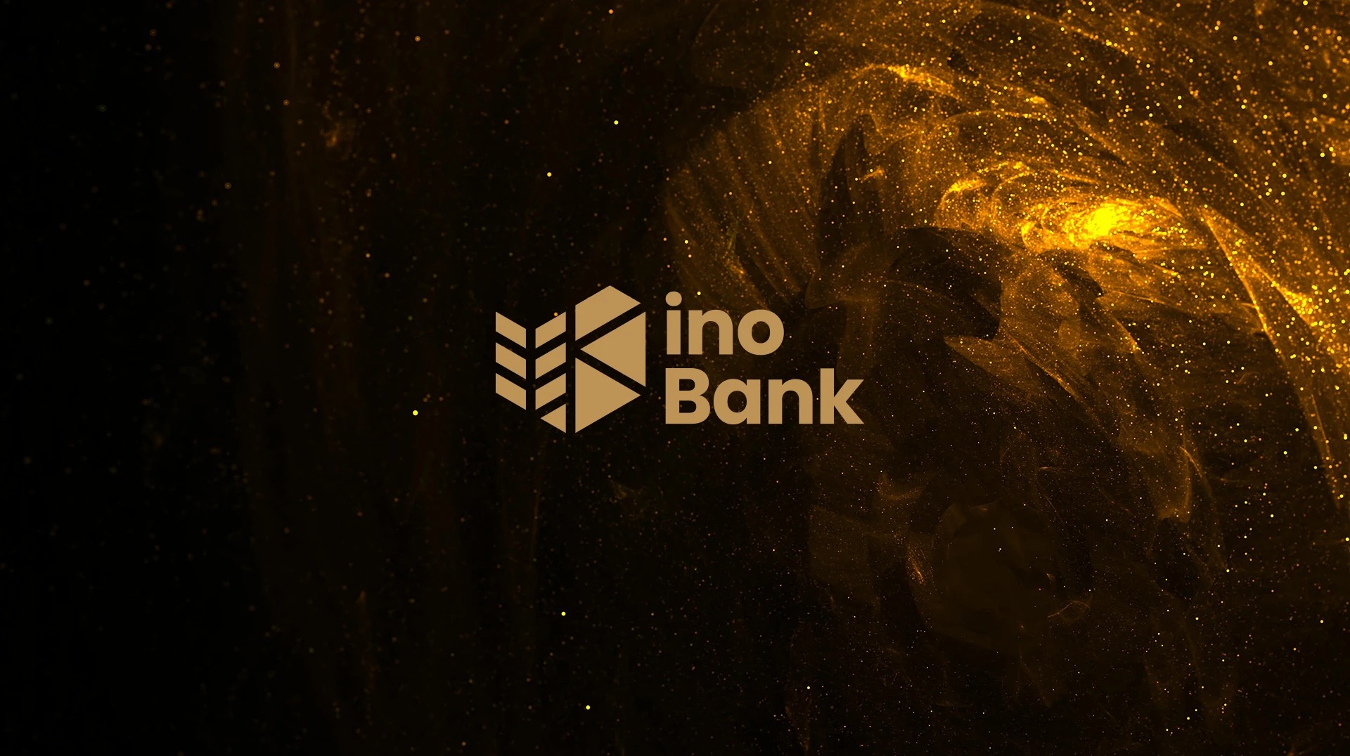 Złote logo 'ino Bank' na ciemnym tle z efektem złotego pyłu.