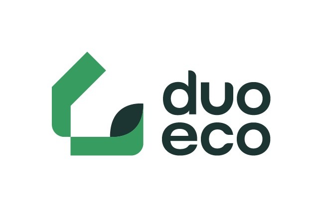 Logo firmy Duo Eco z zielonym symbolem domu i liścia oraz ciemnozielonym napisem 'duo eco'.