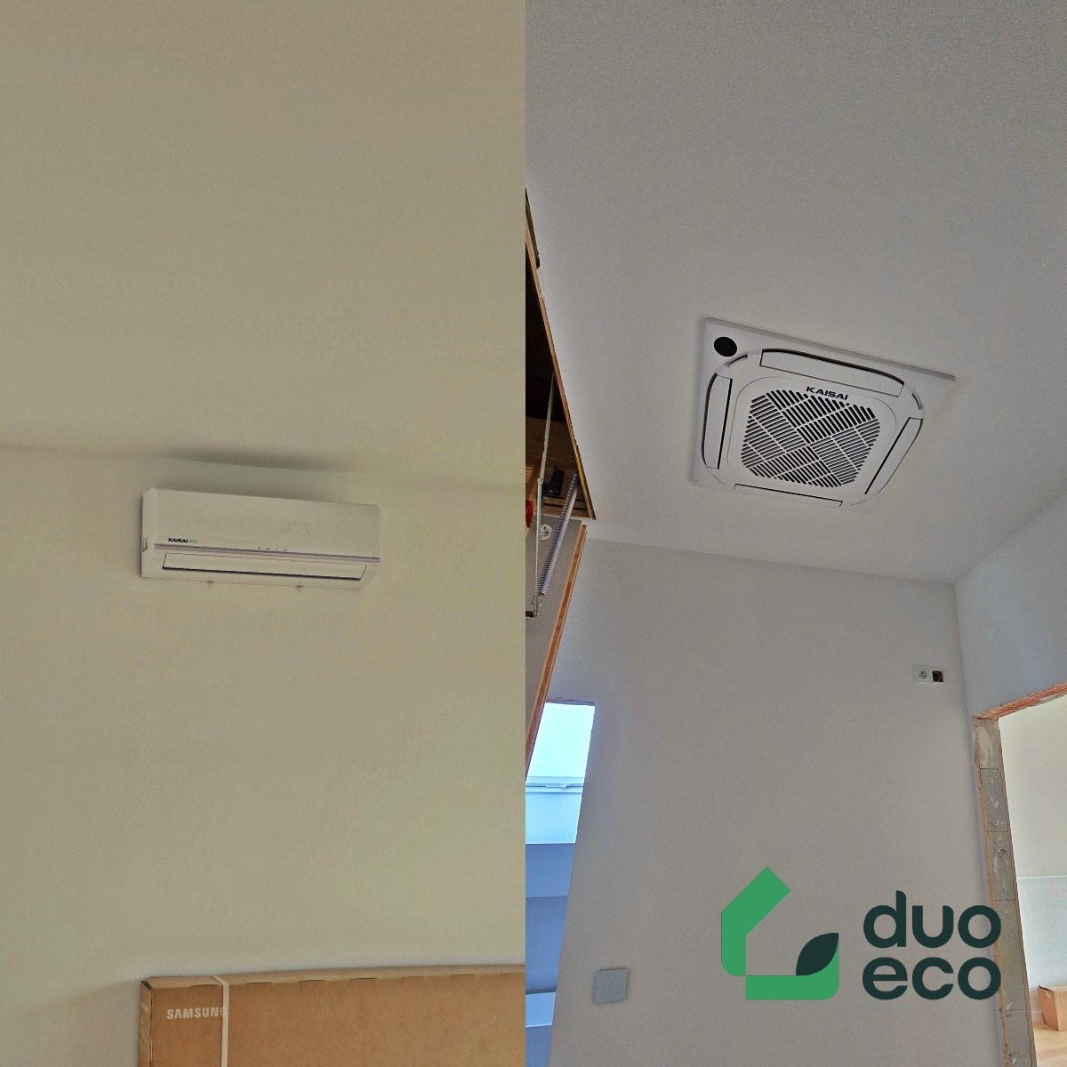 Dwa modele klimatyzacji KAISAI: ścienny i kasetonowy, zamontowane w jasnym wnętrzu z widocznym kartonem po telewizorze Samsung i logo firmy instalacyjnej.
