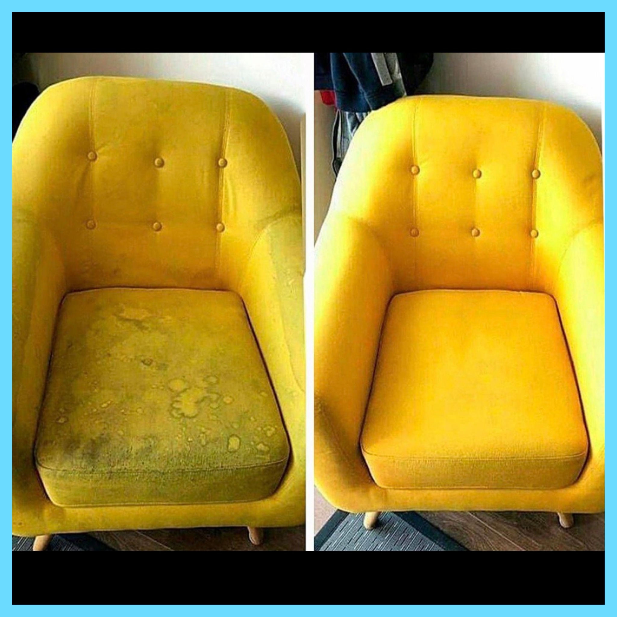 Żółty fotel tapicerowany z guzikami, widok przed i po czyszczeniu. Po lewej stronie widoczne plamy i zabrudzenia na siedzisku, po prawej fotel czysty i odświeżony.