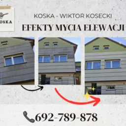 Porównanie elewacji budynku przed i po czyszczeniu, widoczne różnice w kolorze i czystości, z zaznaczonym kierunkiem zmiany oraz numerem telefonu firmy.