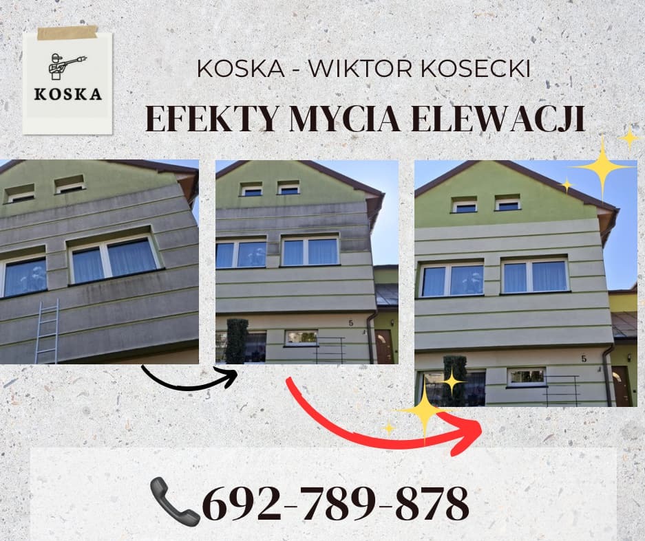 Porównanie elewacji budynku przed i po czyszczeniu, widoczne różnice w kolorze i czystości, z zaznaczonym kierunkiem zmiany oraz numerem telefonu firmy.