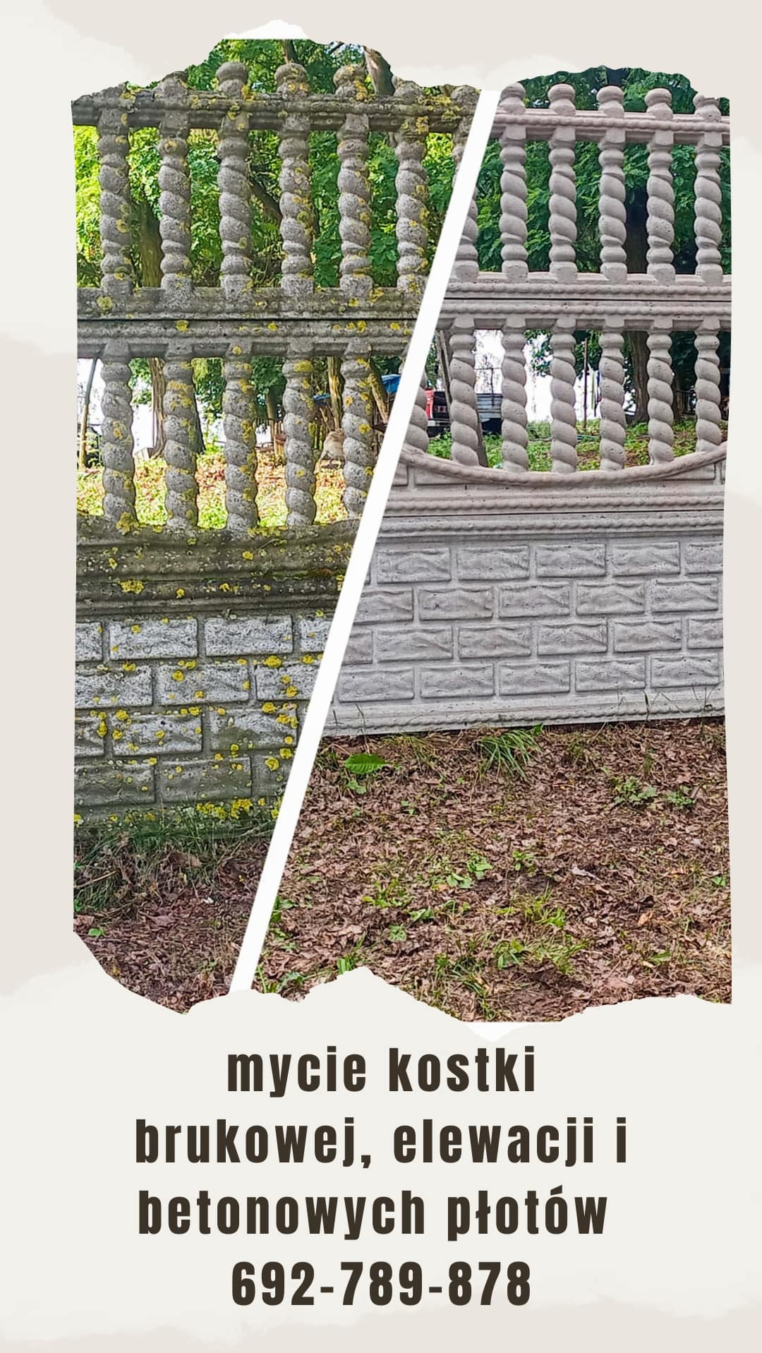 Porównanie betonowego ogrodzenia przed i po czyszczeniu: po lewej stronie widoczny brud i porosty, po prawej czysty beton z dekoracyjnymi elementami.