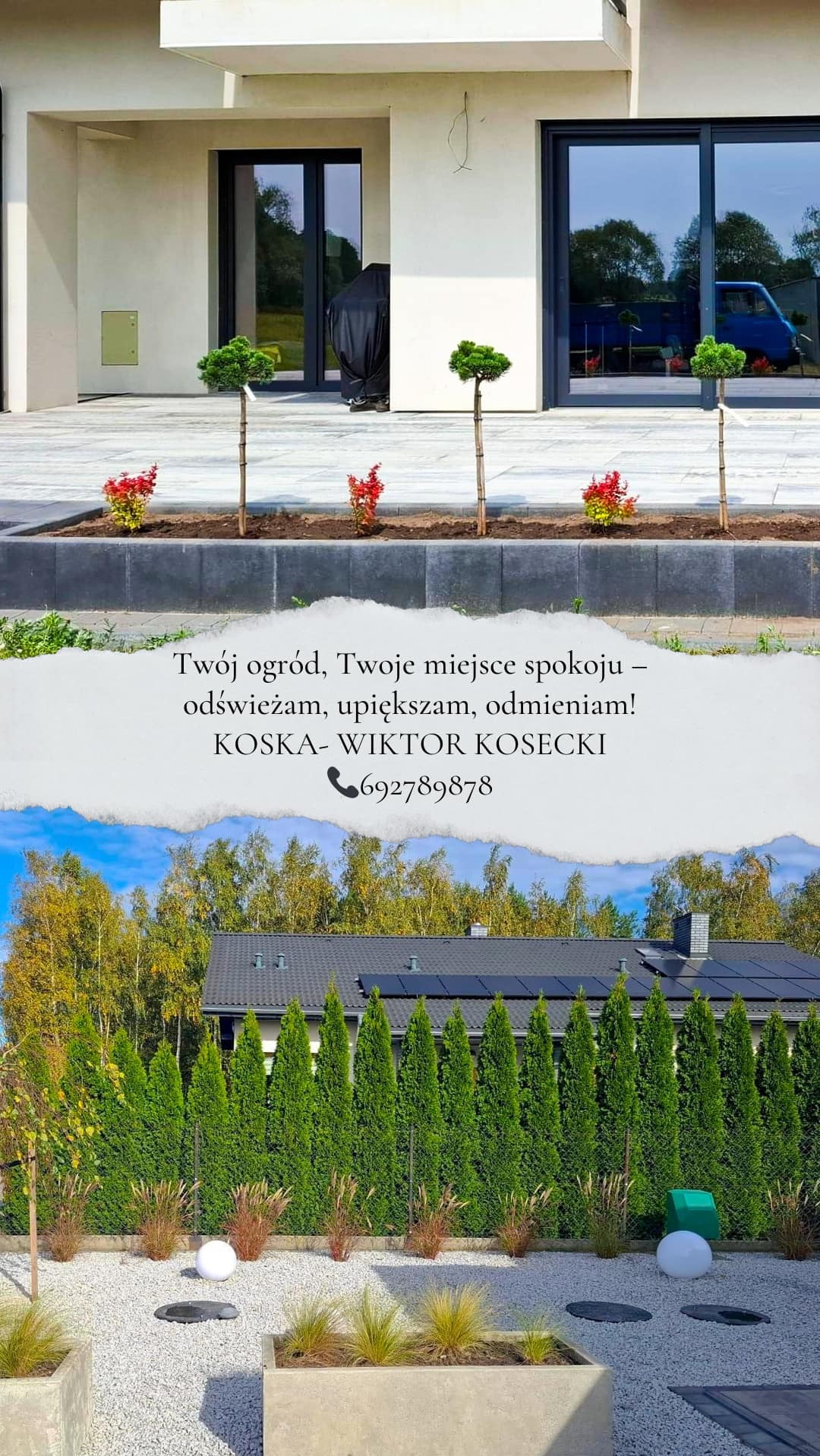 Nowoczesny ogród przydomowy z niskimi drzewkami formowanymi, rabatami kwiatowymi i eleganckim ogrodzeniem z tuj. Na dachu domu widoczne panele solarne.