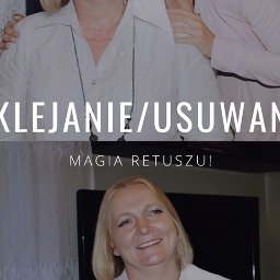 FR Digital Studio Dominik Szymkiewicz - Zdjęcie typu przed i po, prezentujące efekt retuszu: górna część ukazuje osoby przed edycją, z tekstem 'Wklejanie/Usuwanie', a dolna część pokazuje uśmiechniętą kobietę po retuszu, z dopiskiem...