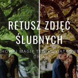 FR Digital Studio Dominik Szymkiewicz - Porównanie zdjęcia ślubnego przed i po retuszu, prezentujące parę młodą w objęciach na tle drzew, z lewej strony z zielonymi liśćmi, a z prawej z jesiennymi barwami.