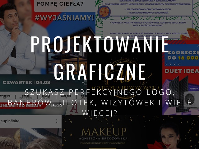 Kompilacja różnorodnych projektów graficznych, w tym logo, banerów, ulotek i wizytówek, z elementami reklamowymi i wizerunkowymi.