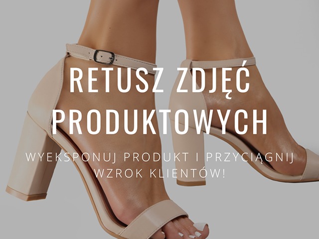 Beżowe sandały na wysokim obcasie, retuszowane zdjęcie produktowe z tekstem reklamowym.