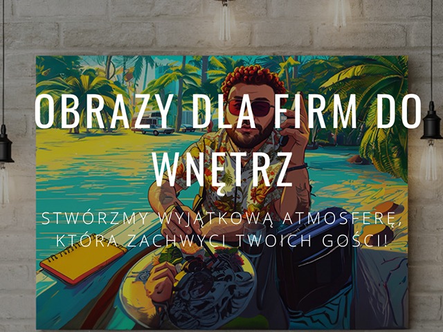 Ilustracja cyfrowa przedstawiająca mężczyznę w hawajskiej koszuli i okularach przeciwsłonecznych, siedzącego na plaży z palmami w tle, z notatnikiem i drinkiem na stole, opatrzona napisem 'Obrazy...