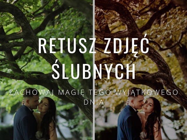 Porównanie zdjęcia ślubnego przed i po retuszu, prezentujące parę młodą w objęciach na tle drzew, z lewej strony z zielonymi liśćmi, a z prawej z jesiennymi barwami.