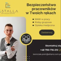 Oferta dla pracodawców: polisy grupowe, NNW w pracy, opieka medyczna. Mężczyzna w okularach z dłonią pod brodą, logo firmy i dane kontaktowe.