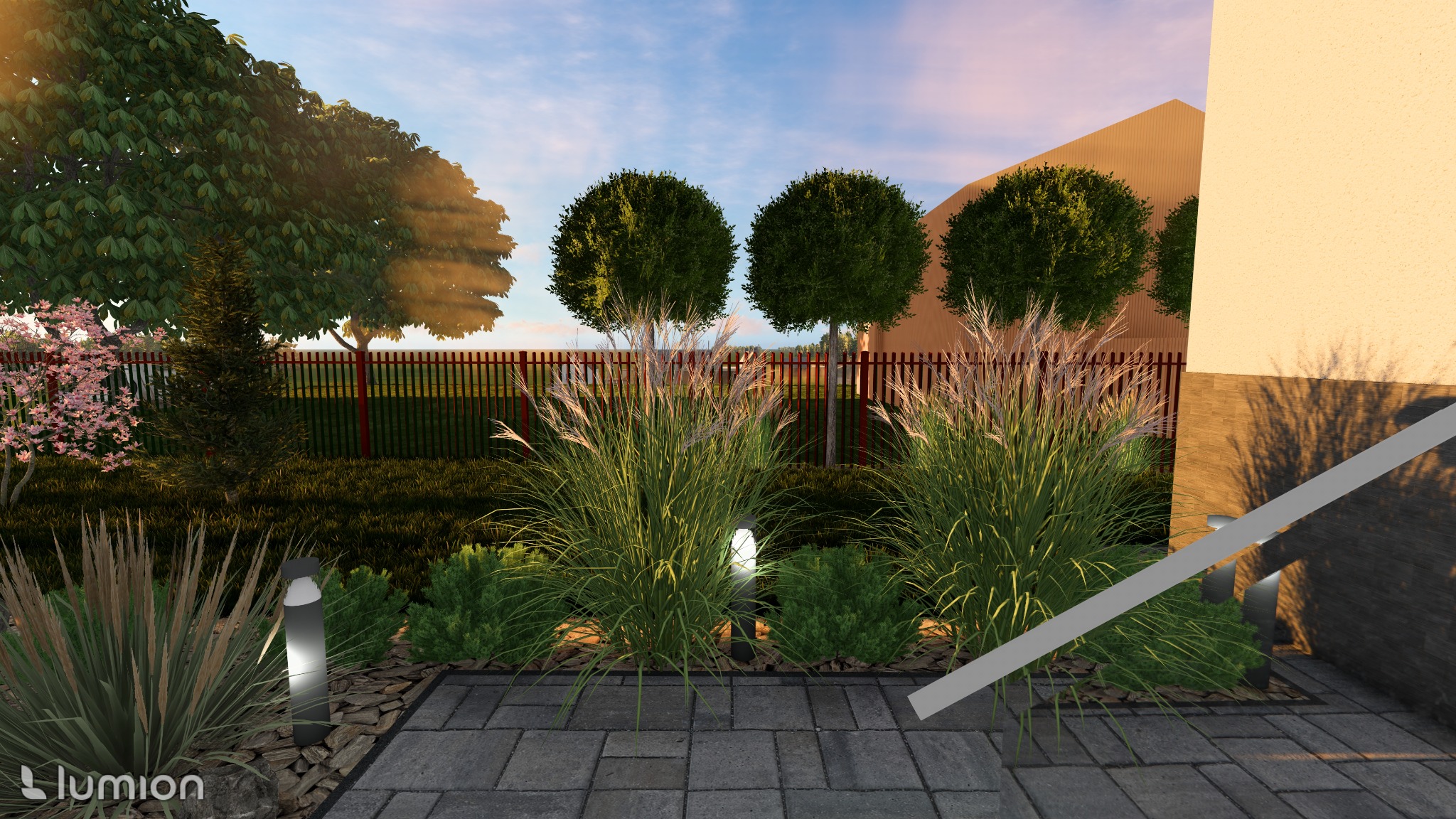 Wizualizacja ogrodu z niską, czerwoną metalową siatką, kulistymi drzewami, ozdobnymi trawami, ścieżką z kostki brukowej i oświetleniem punktowym.