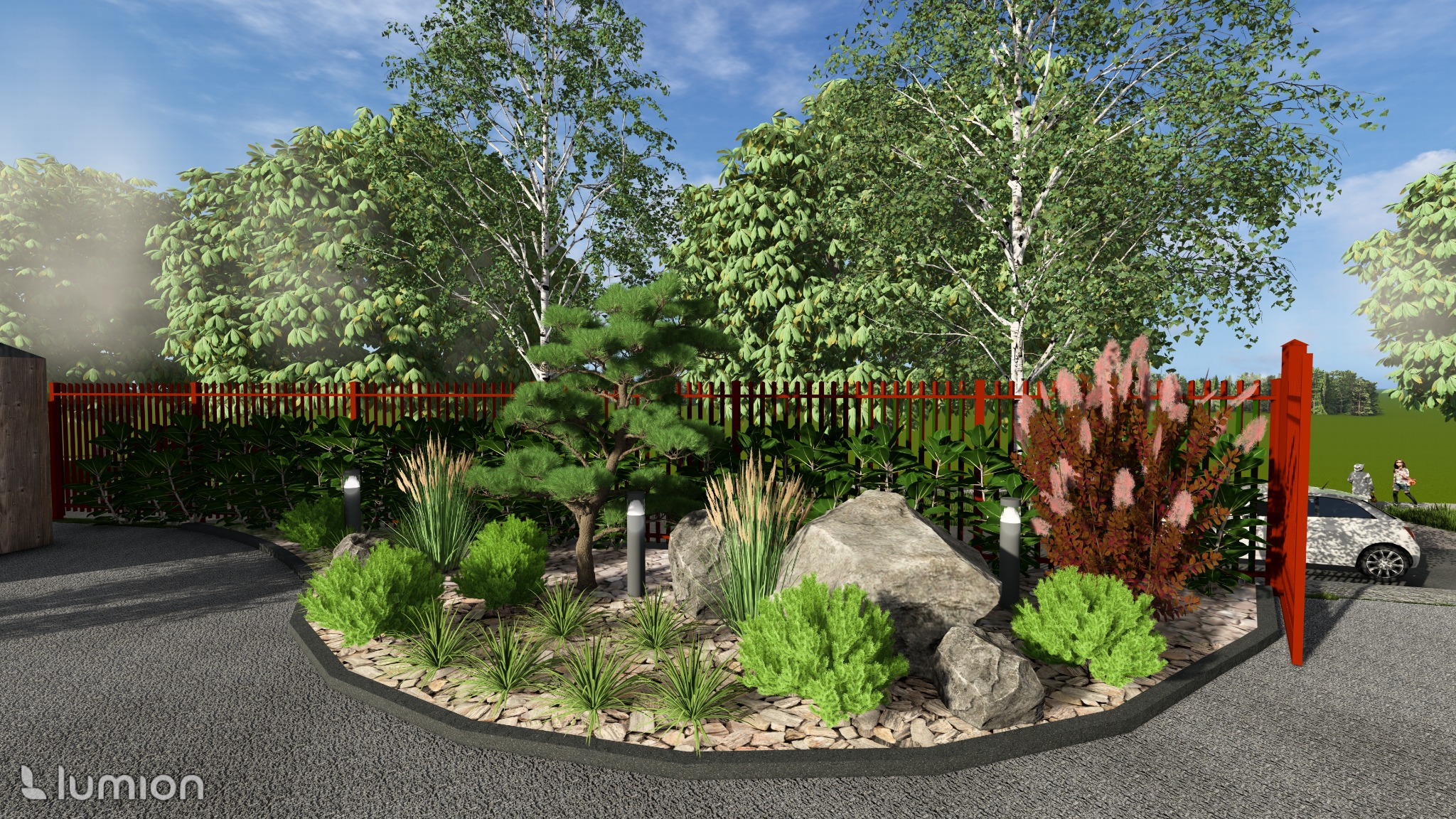 Wizualizacja ogrodu z ozdobnymi krzewami, kamieniami i niskim, czerwonym ogrodzeniem, widok na podjazd i sylwetki osób w tle.