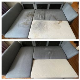 Magic Clean - Porównanie stanu sofy przed i po czyszczeniu, widoczne plamy na szarym materiale i białym materacu przed, a po czyszczeniu powierzchnia jest czysta i odświeżona.