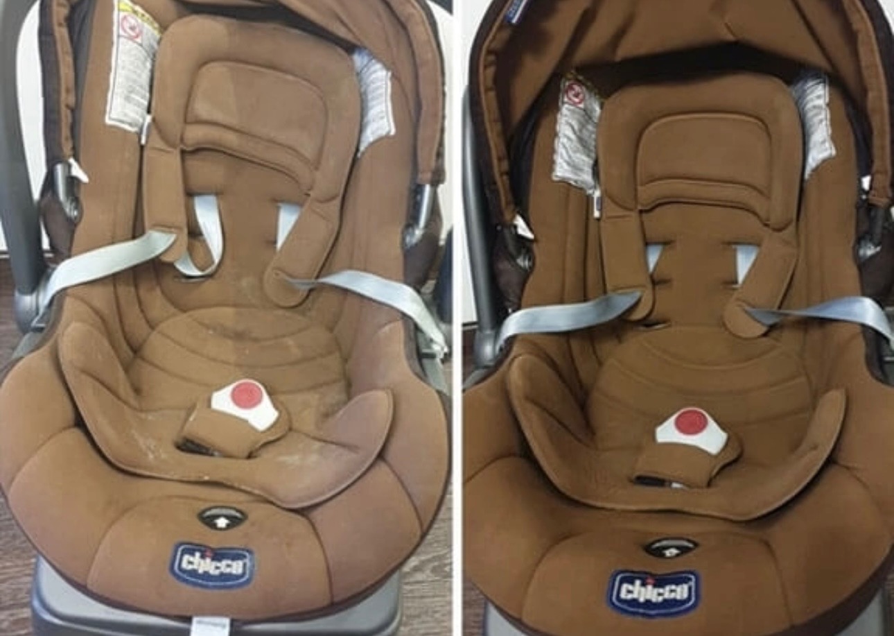 Fotografia przedstawia fotelik dziecięcy Chicco przed i po czyszczeniu, widoczne wyraźne różnice w kolorze tapicerki i usunięte zabrudzenia.