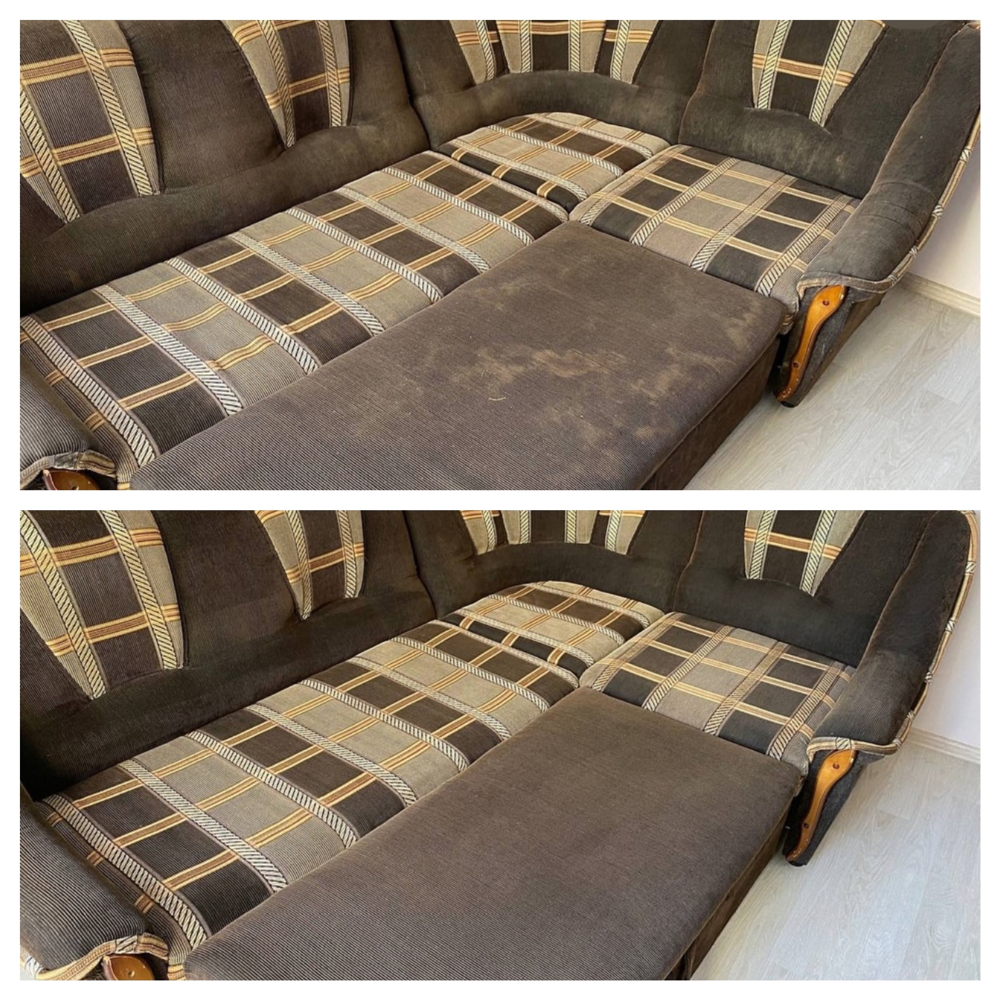 Porównanie: Fragment brązowej kanapy w kratę, widoczne wyraźne różnice w czystości między górnym (przed) a dolnym (po) zdjęciem.