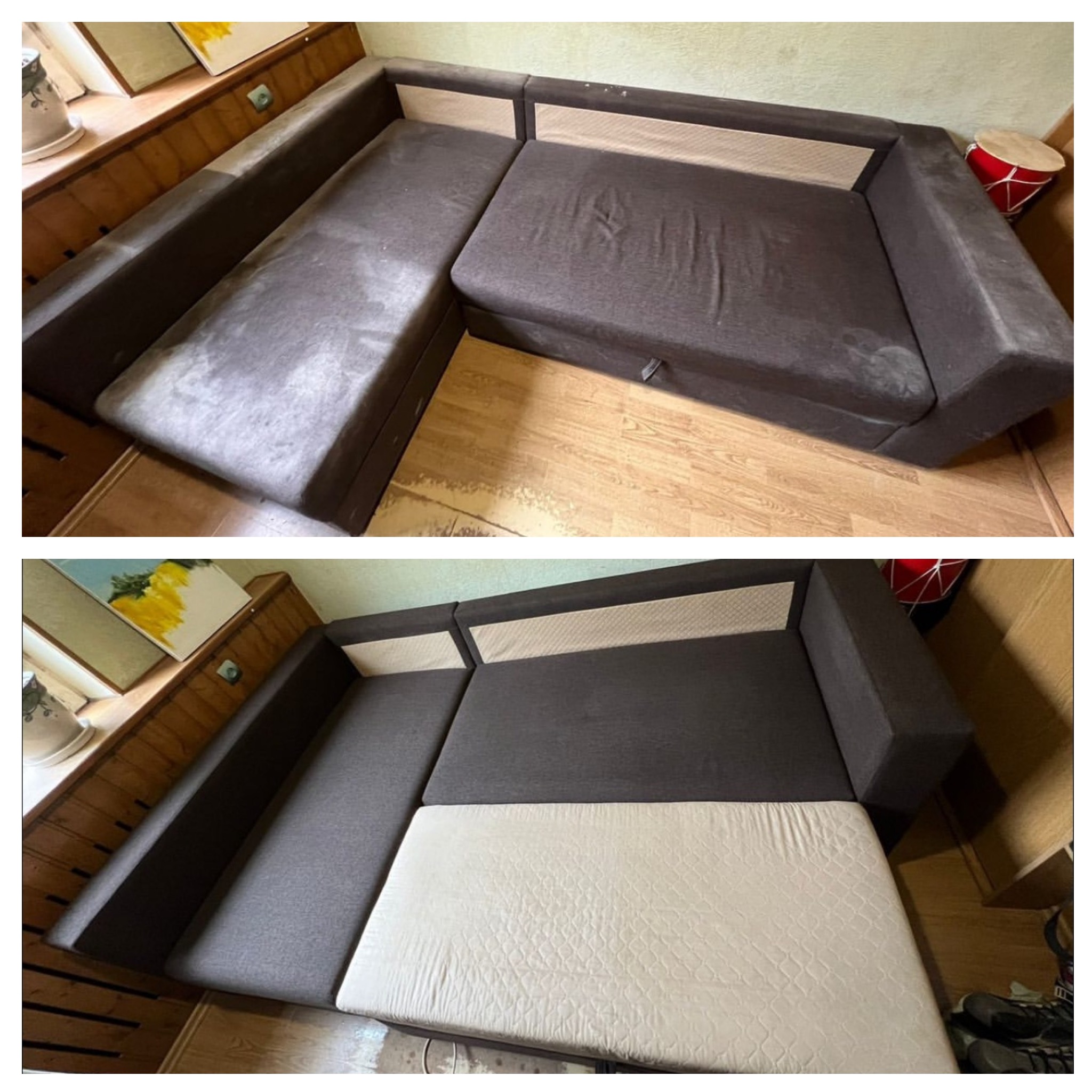 Zdjęcie przedstawia narożnik z widocznymi plamami i zabrudzeniami przed i po czyszczeniu, z wyraźną różnicą w wyglądzie tapicerki.