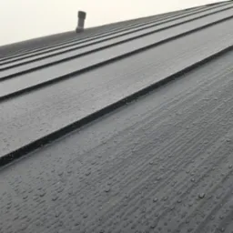 Szary, blaszany dach z widocznymi kroplami deszczu i kominkiem w tle, sfotografowany pod kątem. Widoczne regularne linie blachy dachowej.