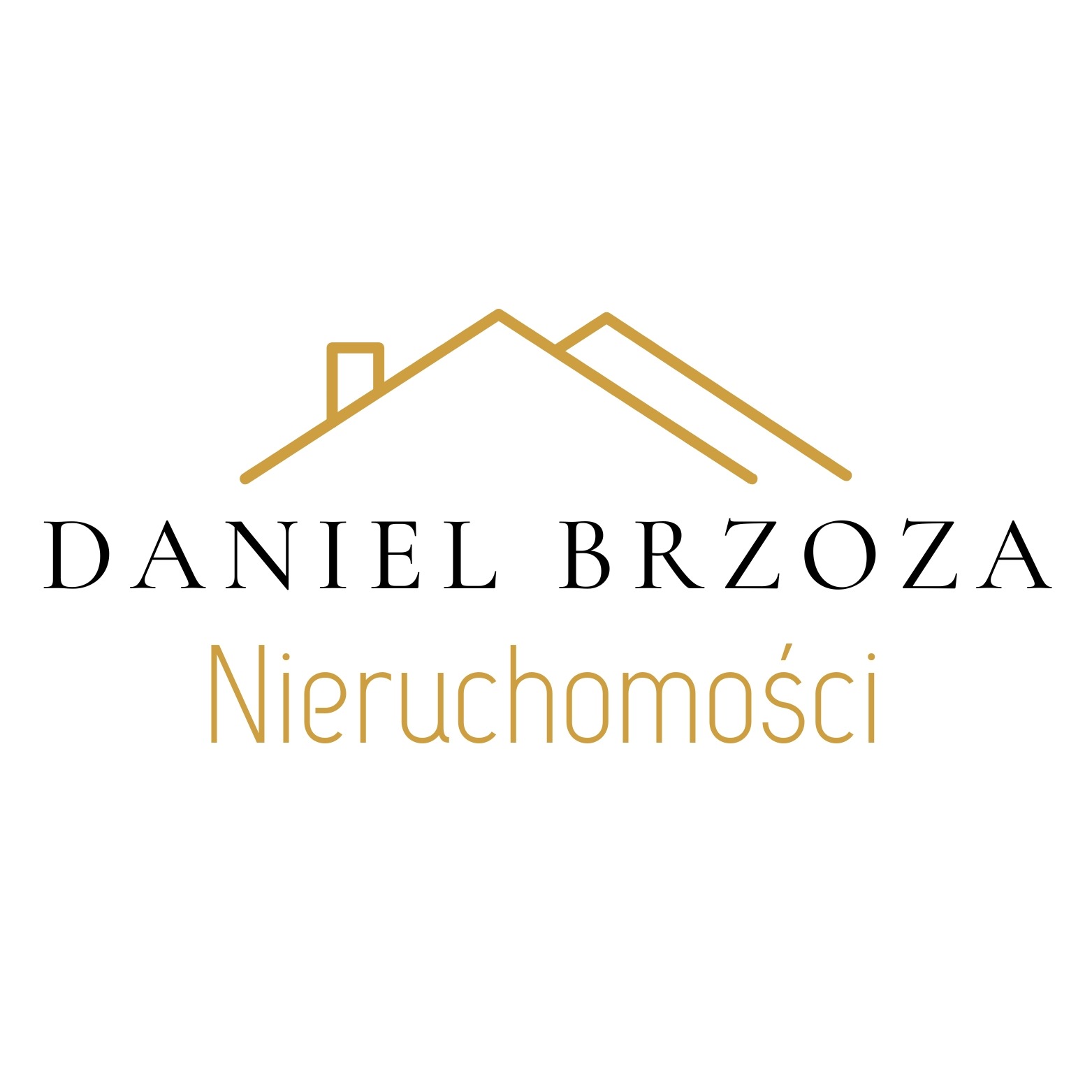 Logo firmy Daniel Brzoza Nieruchomości z Olsztyna, przedstawiające stylizowany złoty zarys dachu domu nad czarnym napisem 'DANIEL BRZOZA' i złotym napisem 'Nieruchomości'.