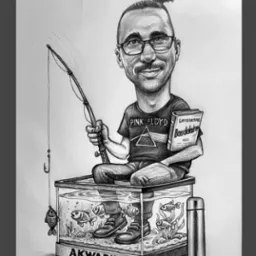 Czarno-biały rysunek karykaturalny mężczyzny z kitką, w okularach i koszulce Pink Floyd, siedzącego w akwarium z rybami, trzymającego wędkę i książkę Baudelaire.