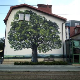 Tigran Vardikyan - Realistyczny mural dużego drzewa z zielonymi liśćmi na białej ścianie budynku, z oknami w koronie i namalowanym krajobrazem z ławką, przed którą rosną prawdziwe krzewy.