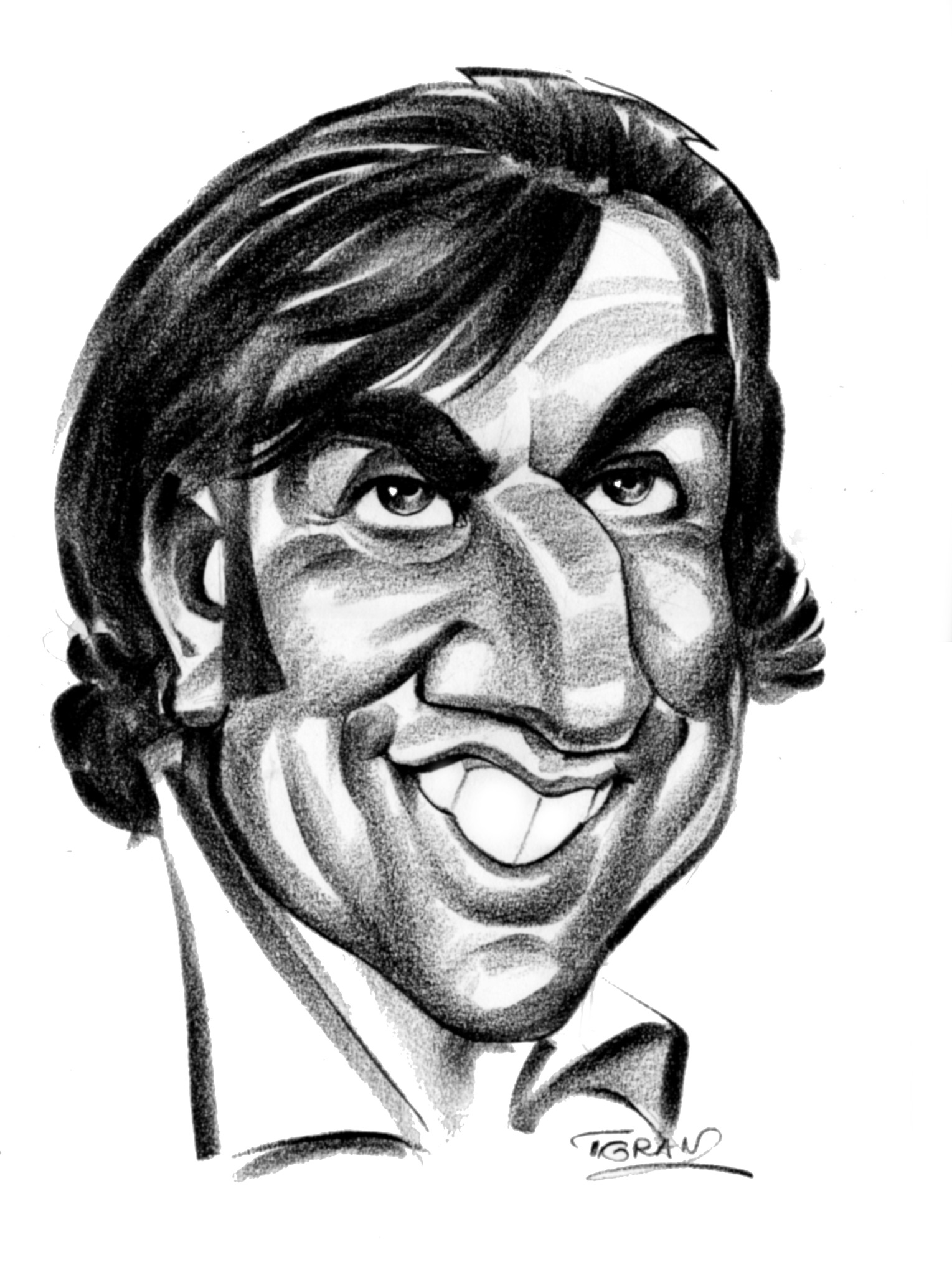 Czarno-biała karykatura mężczyzny z przesadnymi rysami twarzy, szerokim uśmiechem i podpisem artysty na dole.