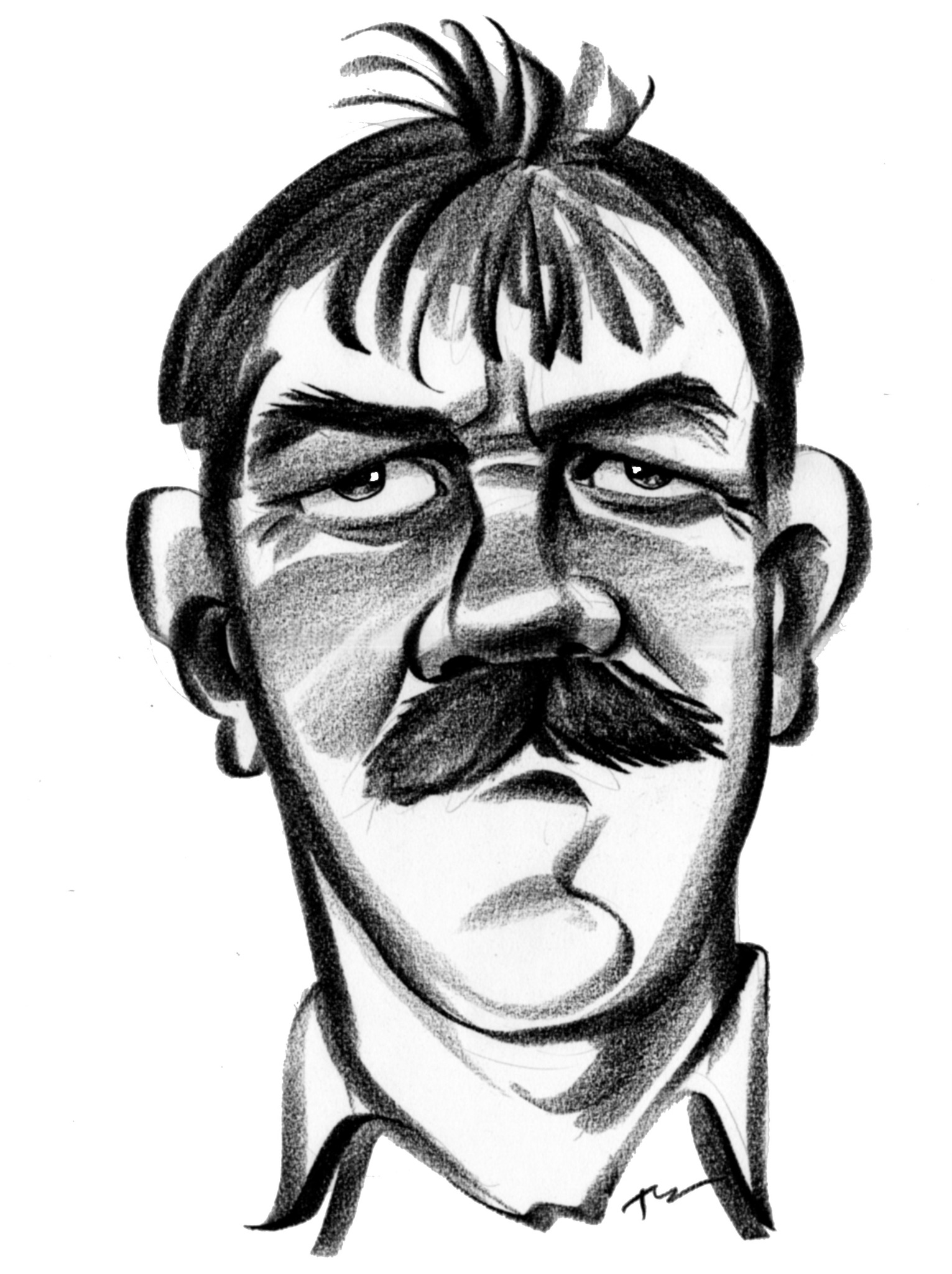 Czarno-biały portret karykaturalny mężczyzny z grubym wąsem, zmarszczonym czołem i charakterystycznym wyrazem twarzy, wykonany techniką ołówkową na białym tle, z widocznym podpisem autora w prawym...