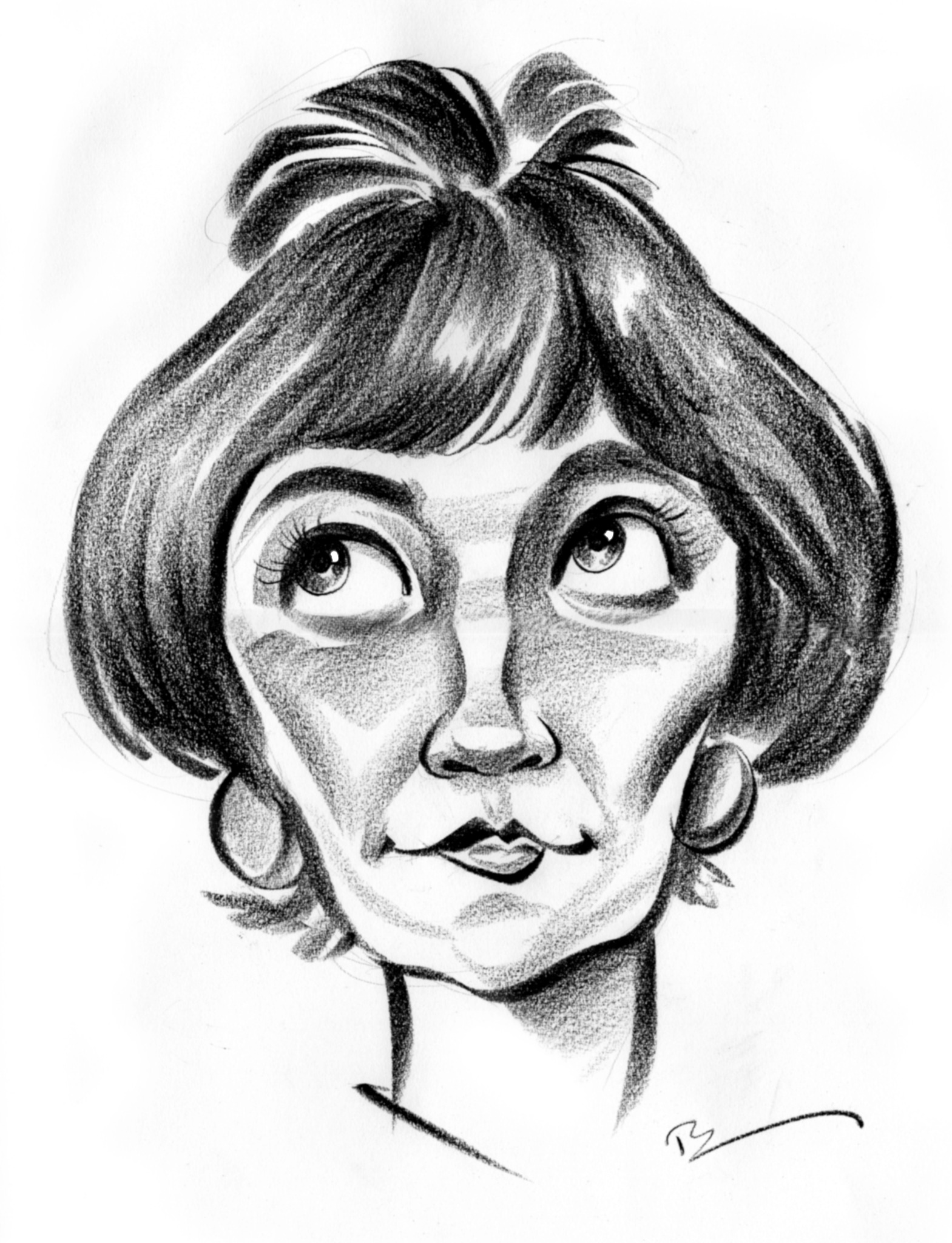 Czarno-biały portret kobiety z krótkimi włosami i kolczykami, wykonany techniką rysunku ołówkiem, z charakterystycznym spojrzeniem w górę.