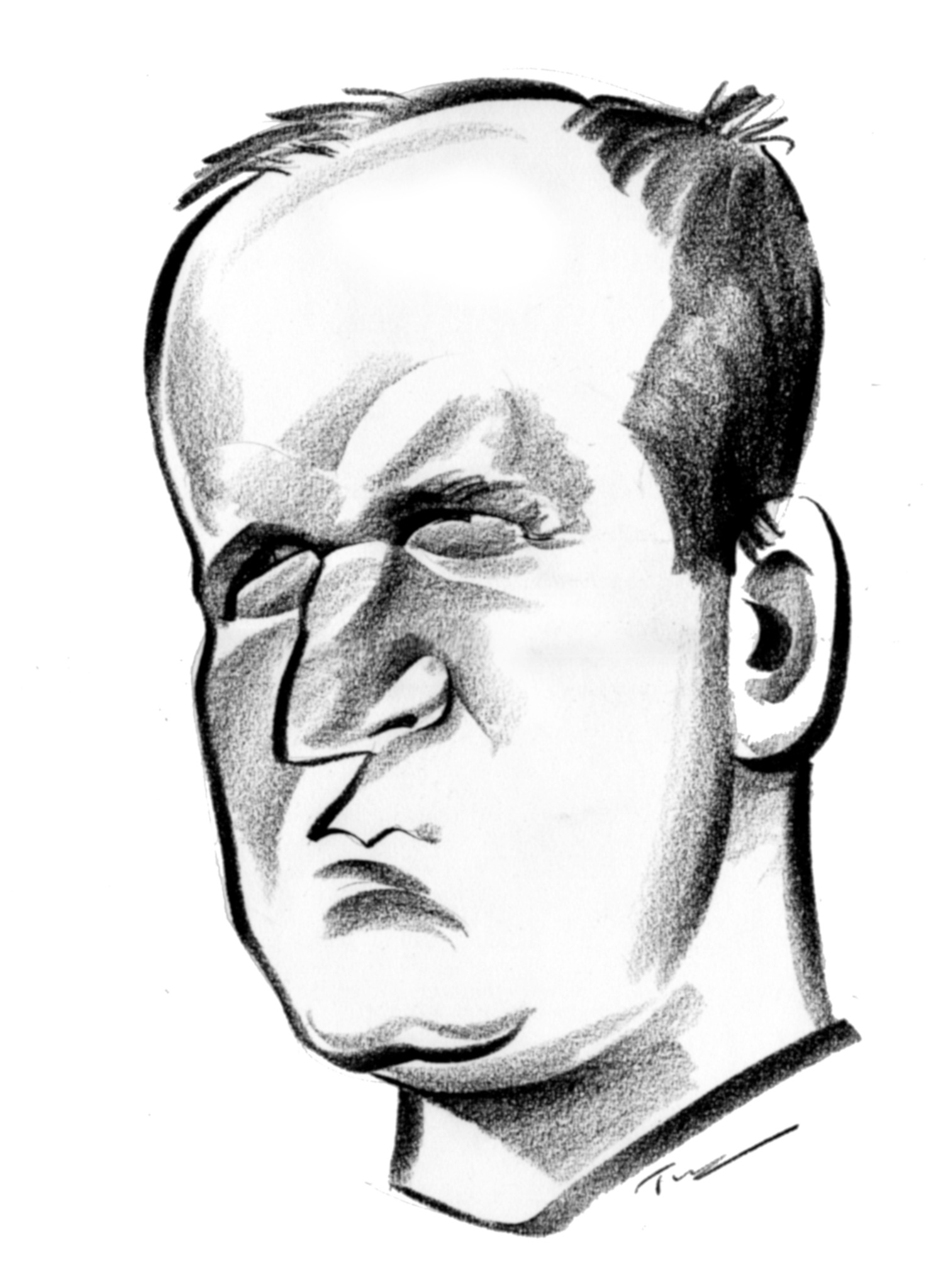 Szkic ołówkiem przedstawiający portret mężczyzny z wyraźnymi rysami twarzy i charakterystycznym wyrazem