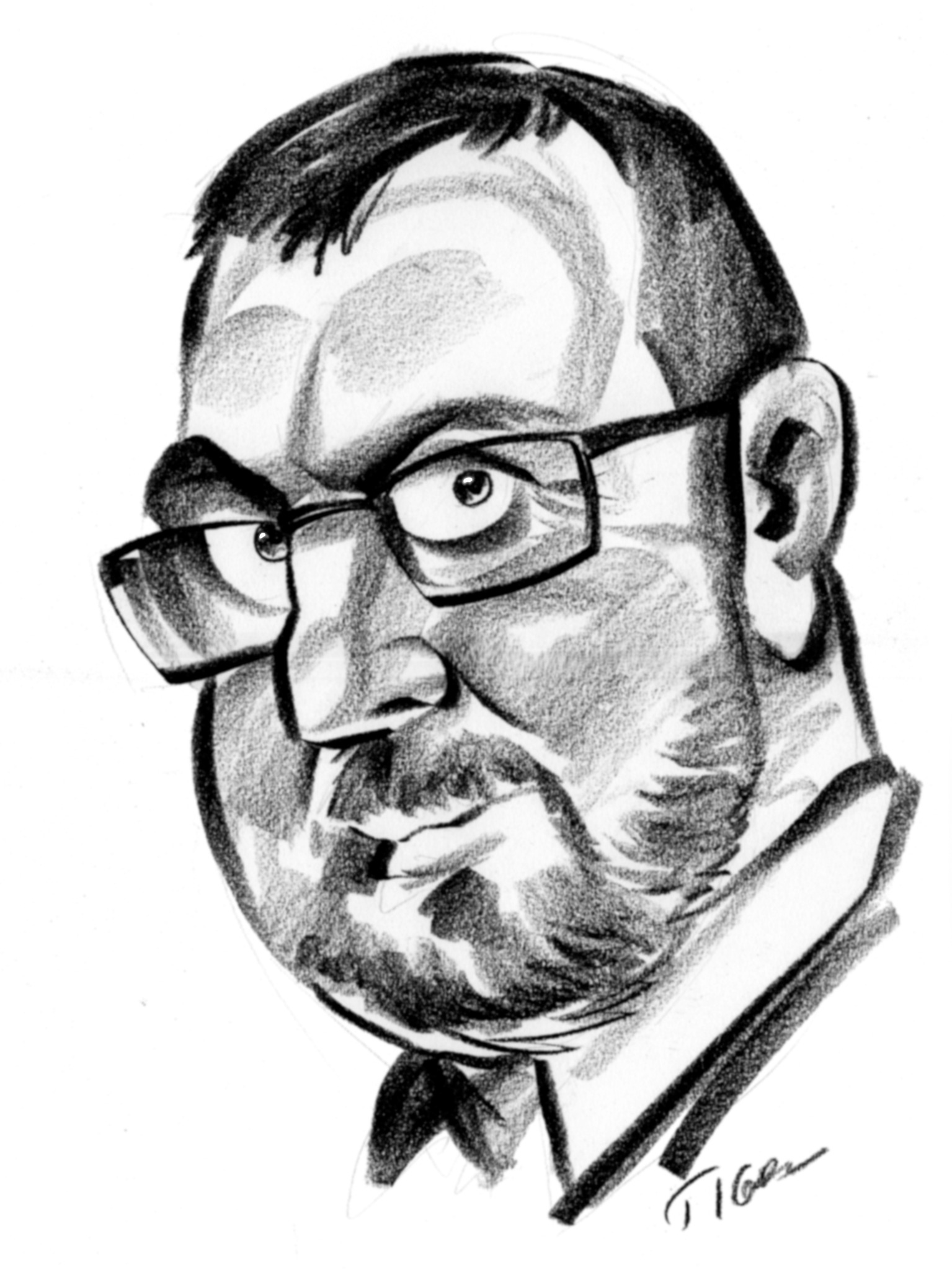 Czarno-biały portret mężczyzny w okularach, wykonany techniką ołówkową, z charakterystycznym wyrazem twarzy i podpisem artysty w prawym dolnym rogu.