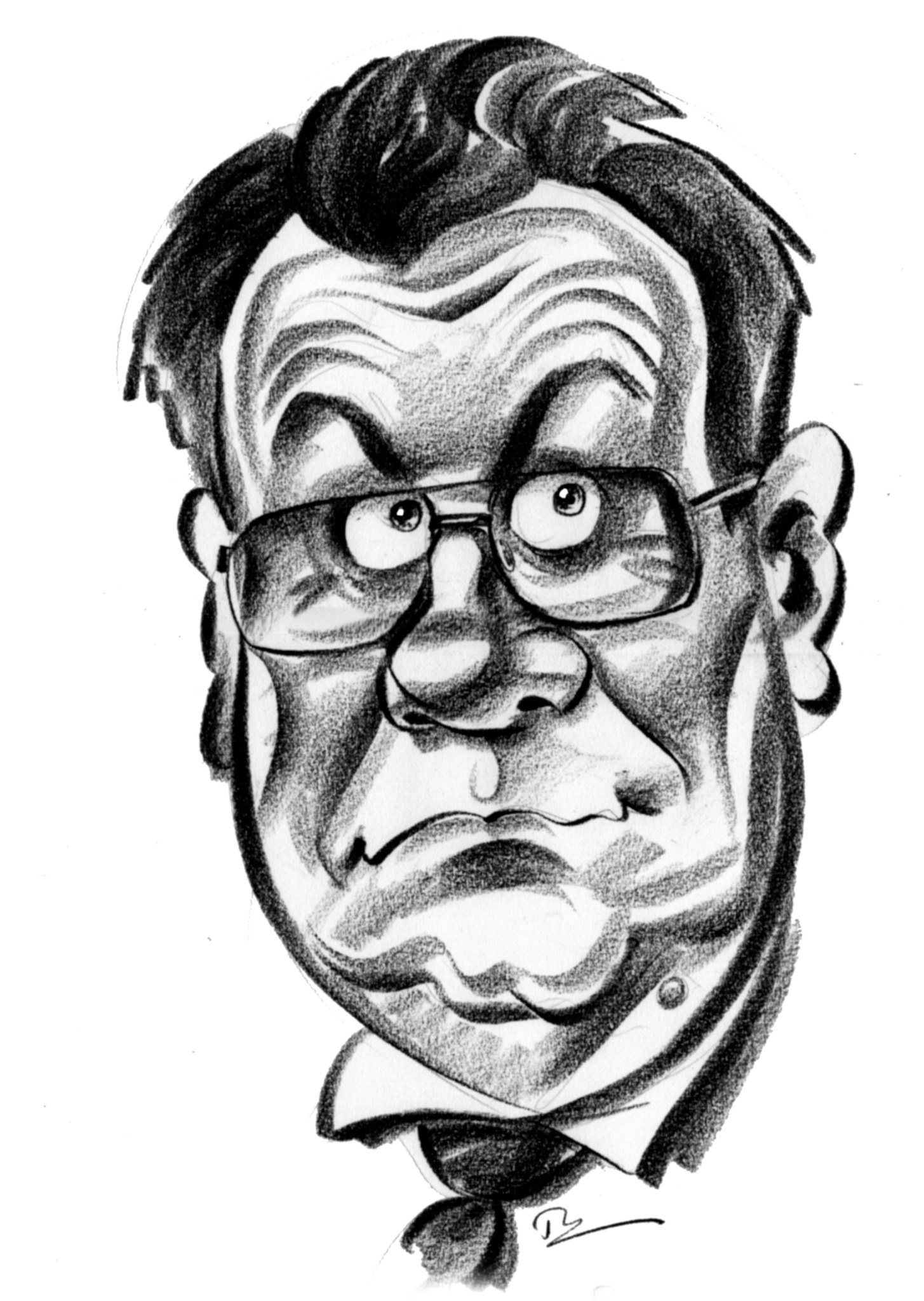 Czarno-biała karykatura mężczyzny w okularach, z wyraźnie zarysowanymi rysami twarzy i przesadnymi proporcjami, na białym tle.