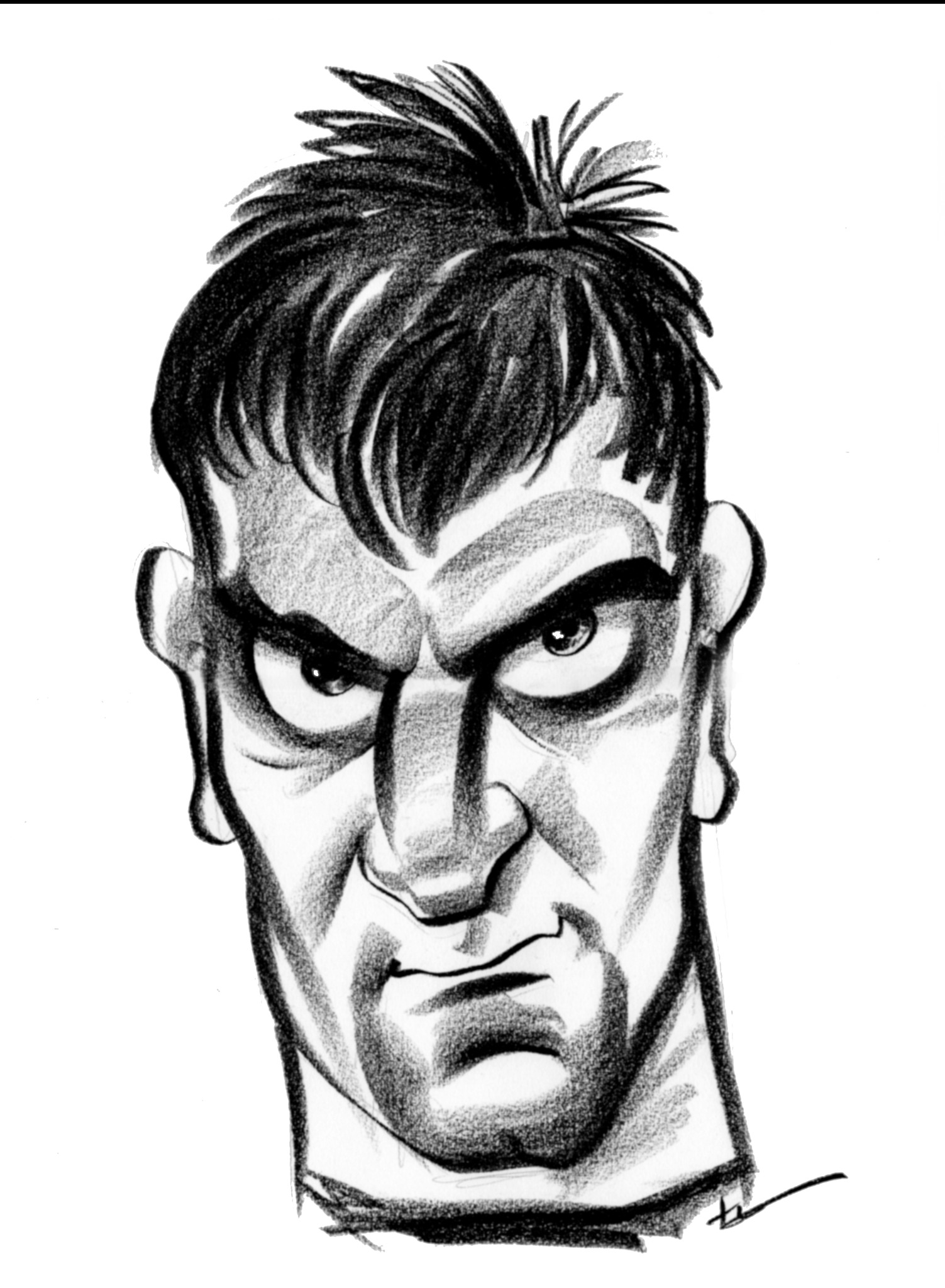 Karykatura mężczyzny z groźnym wyrazem twarzy, wykonana ołówkiem na białym tle.