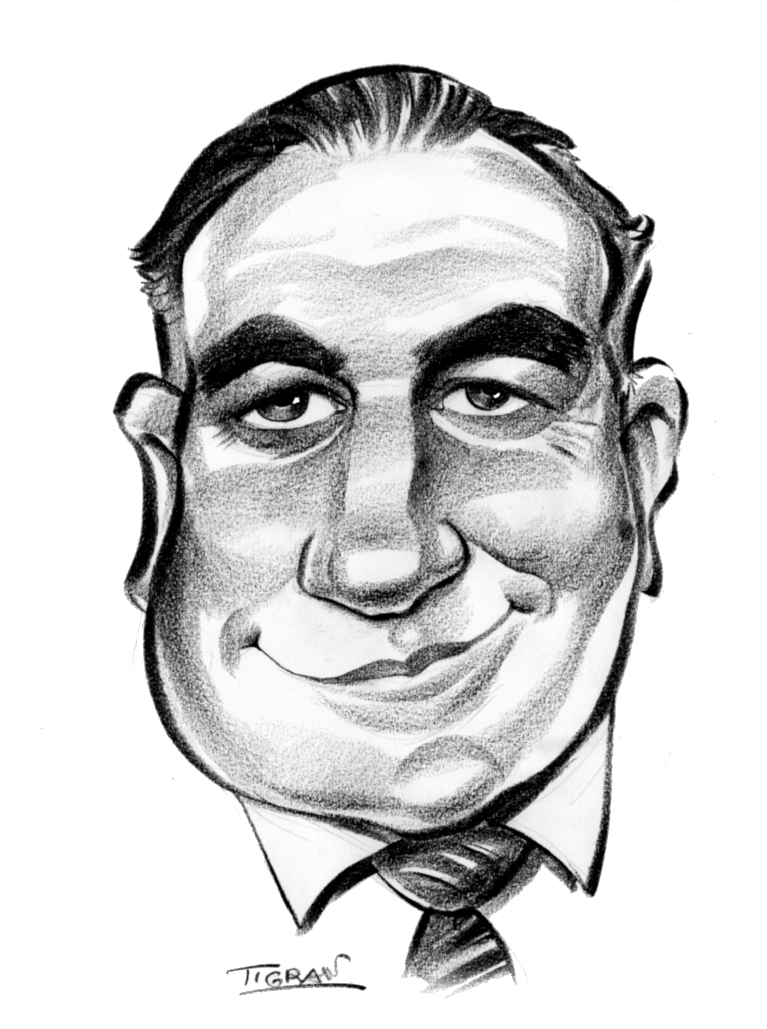 Czarno-biała karykatura mężczyzny w koszuli i krawacie, podpisana 'Tigran'.