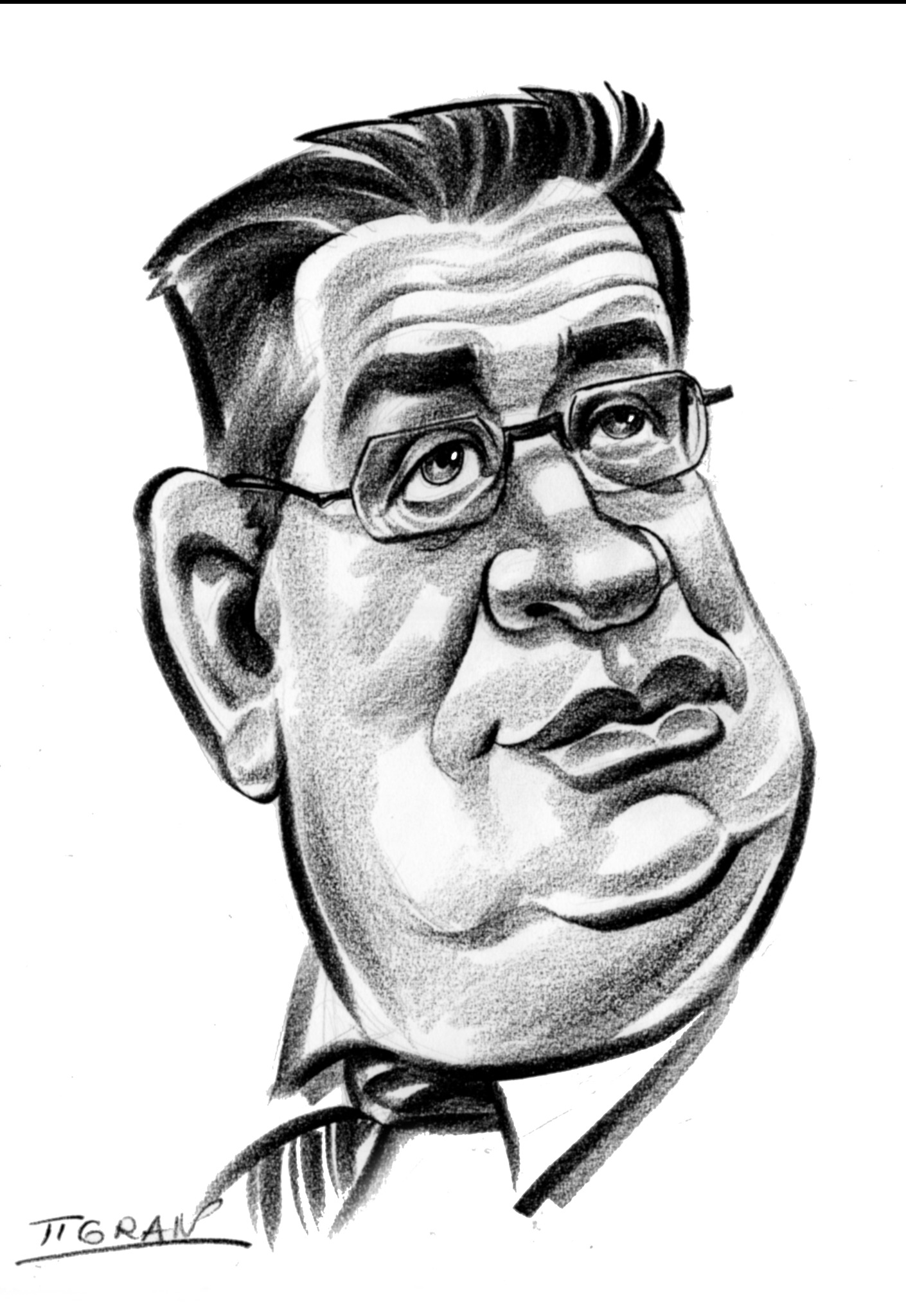 Czarno-biała karykatura mężczyzny w okularach, z podpisem autora 'Tigran' w lewym dolnym rogu.