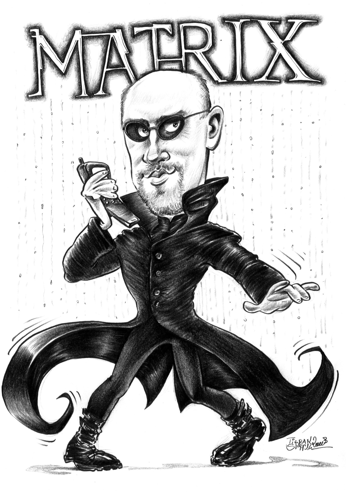 Czarno-biała karykatura mężczyzny w okularach i długim płaszczu, trzymającego telefon, z napisem 'MATRIX' w tle.