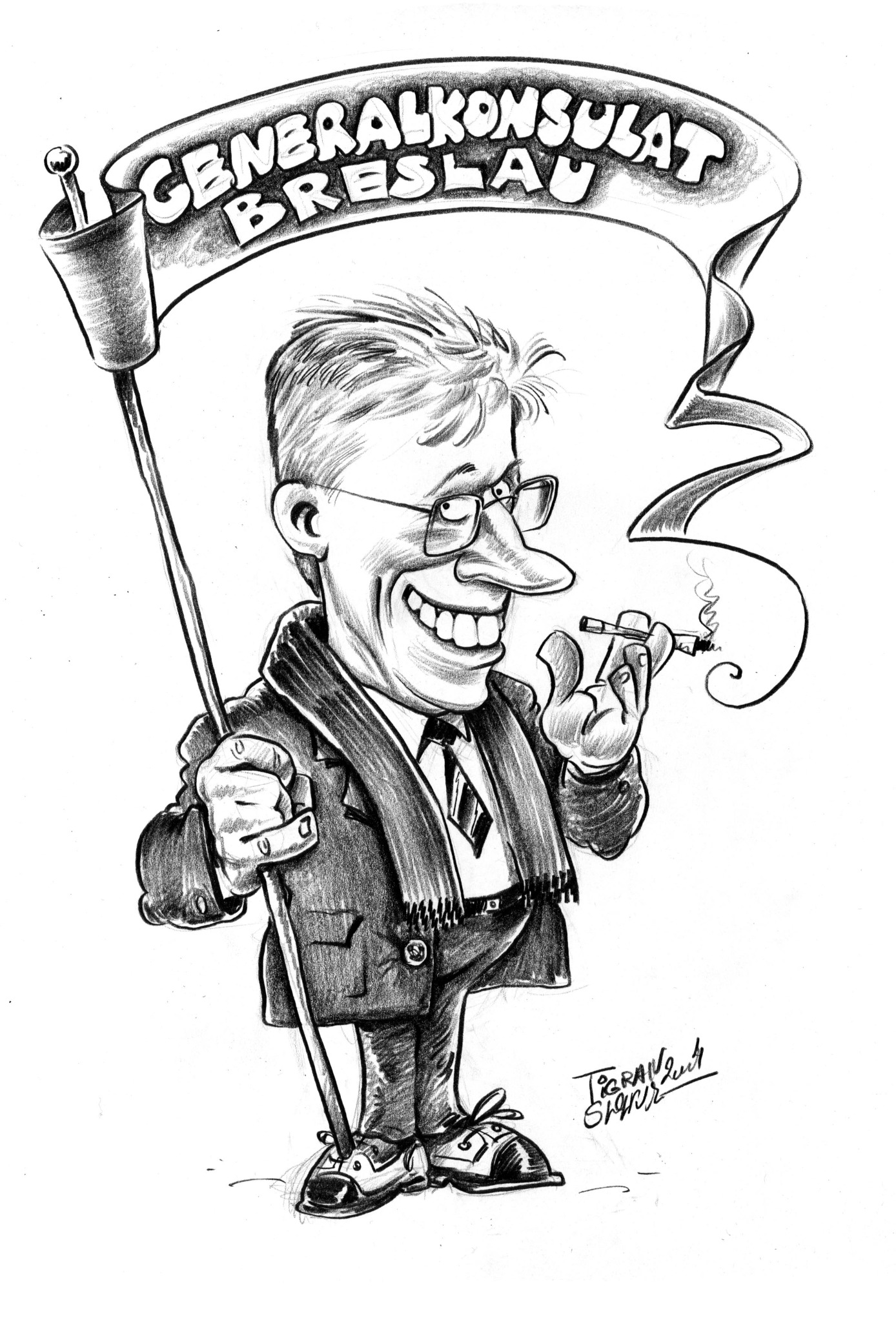 Czarno-biała karykatura mężczyzny w garniturze, palącego papierosa, trzymającego flagę z napisem 'Generalkonsulat Breslau', z dużym uśmiechem i okularami.