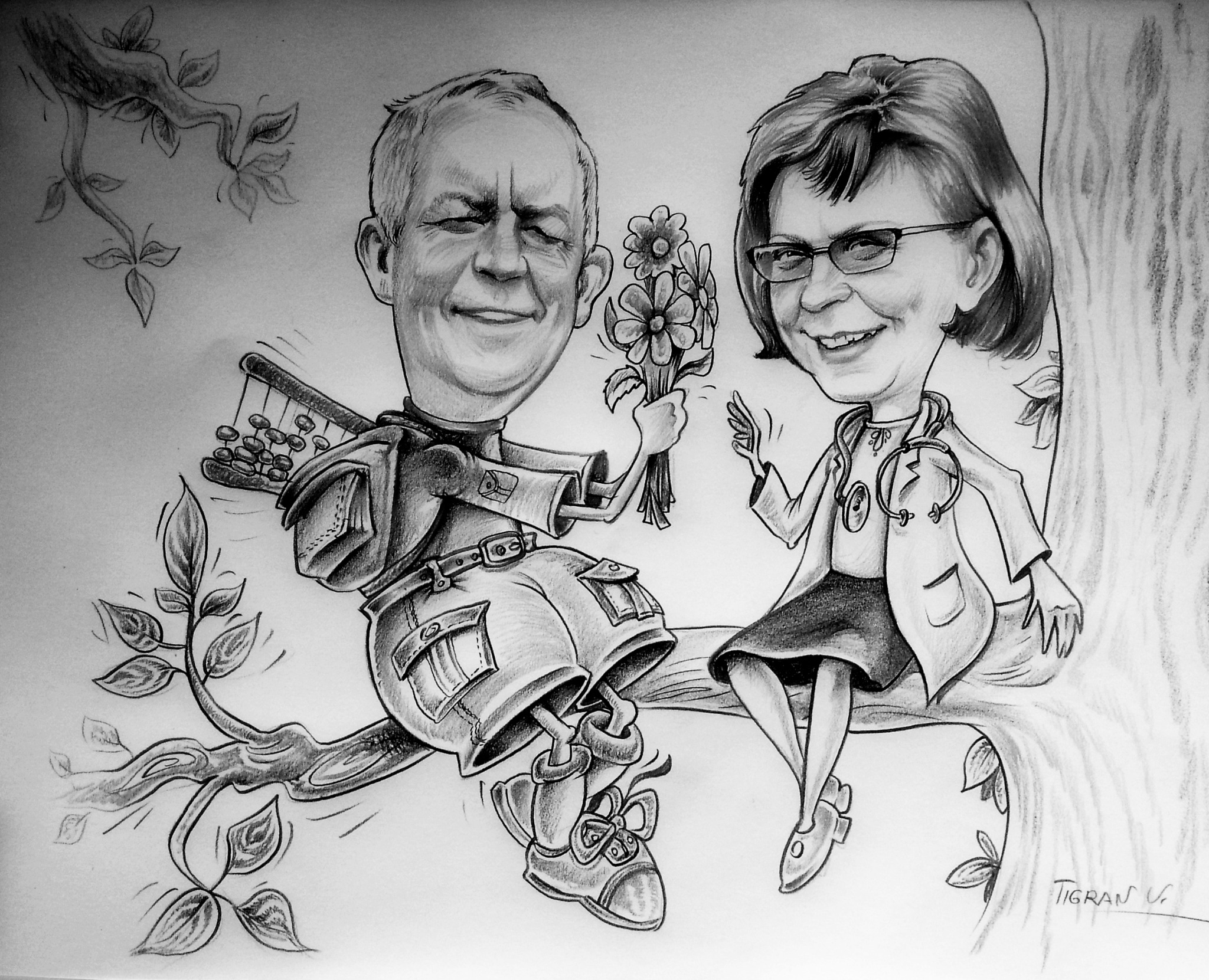 Ręcznie rysowany portret karykaturalny pary siedzącej na gałęzi: mężczyzna z liczydłem na plecach wręcza kobiecie w lekarskim kitlu bukiet kwiatów.