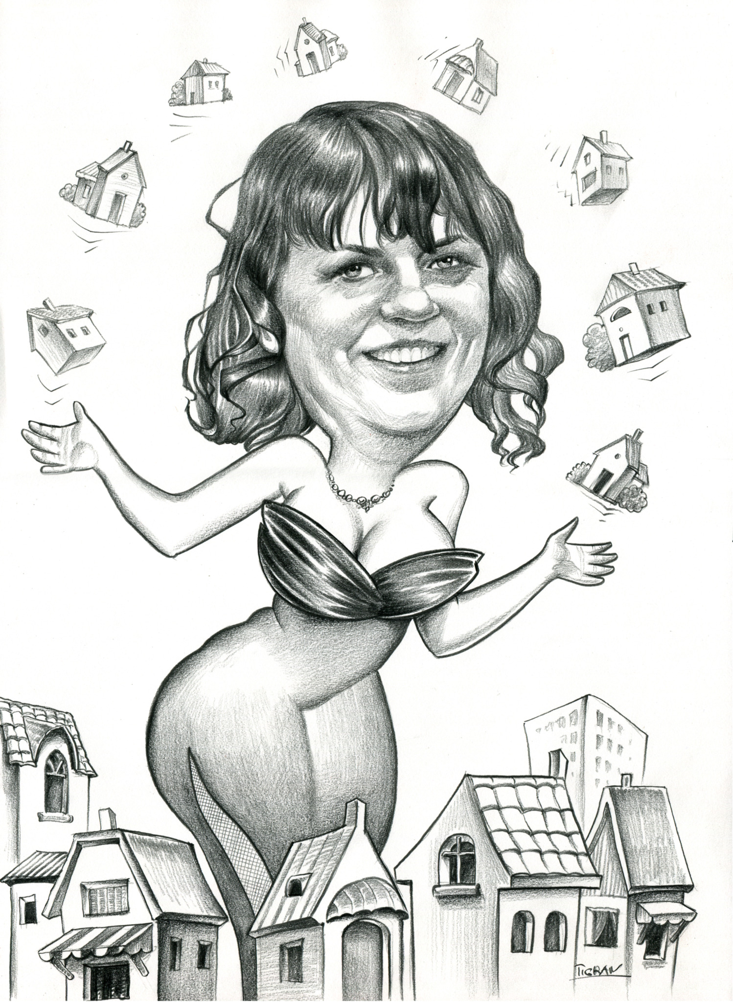 Ręcznie rysowana karykatura kobiety w sukni wieczorowej, otoczonej unoszącymi się domami, z zabudową miejską w tle.
