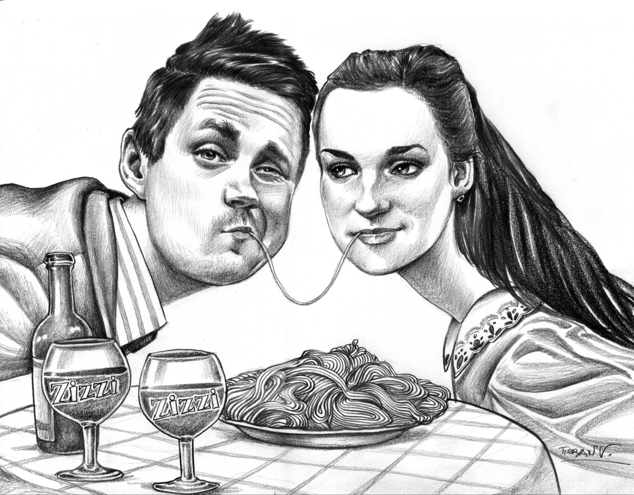 Czarno-biały rysunek ołówkiem przedstawiający parę jedzącą spaghetti z jednego talerza, z butelką i dwoma kieliszkami wina Zizzi na stole w kratę.