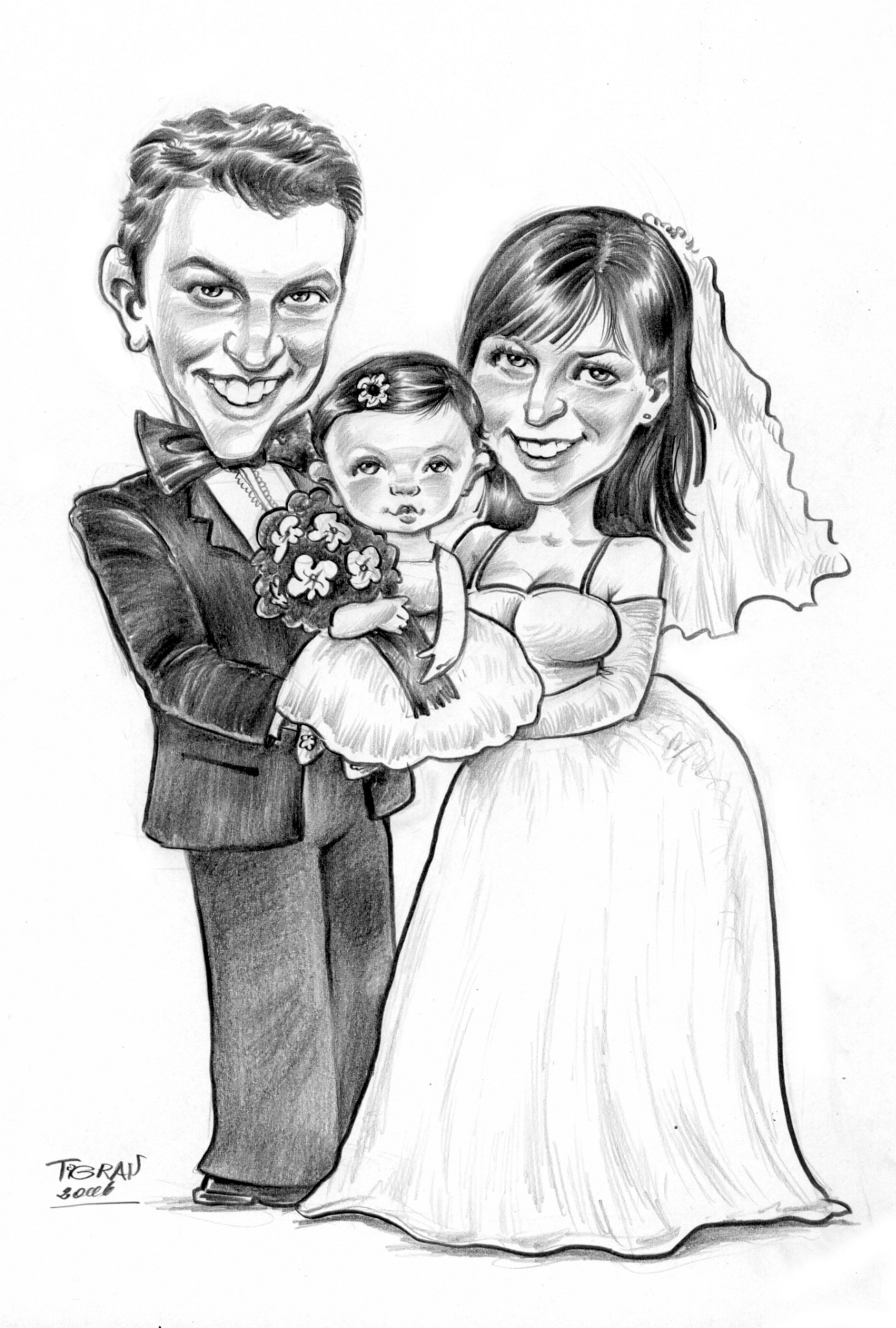 Ręcznie rysowana karykatura ślubna przedstawiająca parę młodą z dzieckiem, panna młoda w sukni ślubnej z welonem, pan młody w smokingu z muchą, dziecko trzyma bukiet kwiatów.