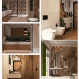 Mozaika aranżacji łazienek: geometryczne wzory, drewniane akcenty, roślinne detale i nowoczesne umywalki tworzą spójny, luksusowy wygląd. Światło podkreśla elegancję.